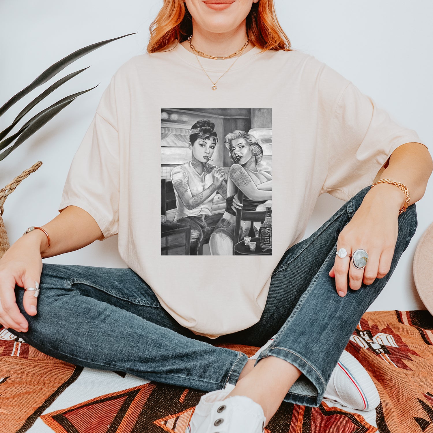 Monroe and Audrey Hepburn Tattooed Icons Vintage Soft Unisex T-shirt 