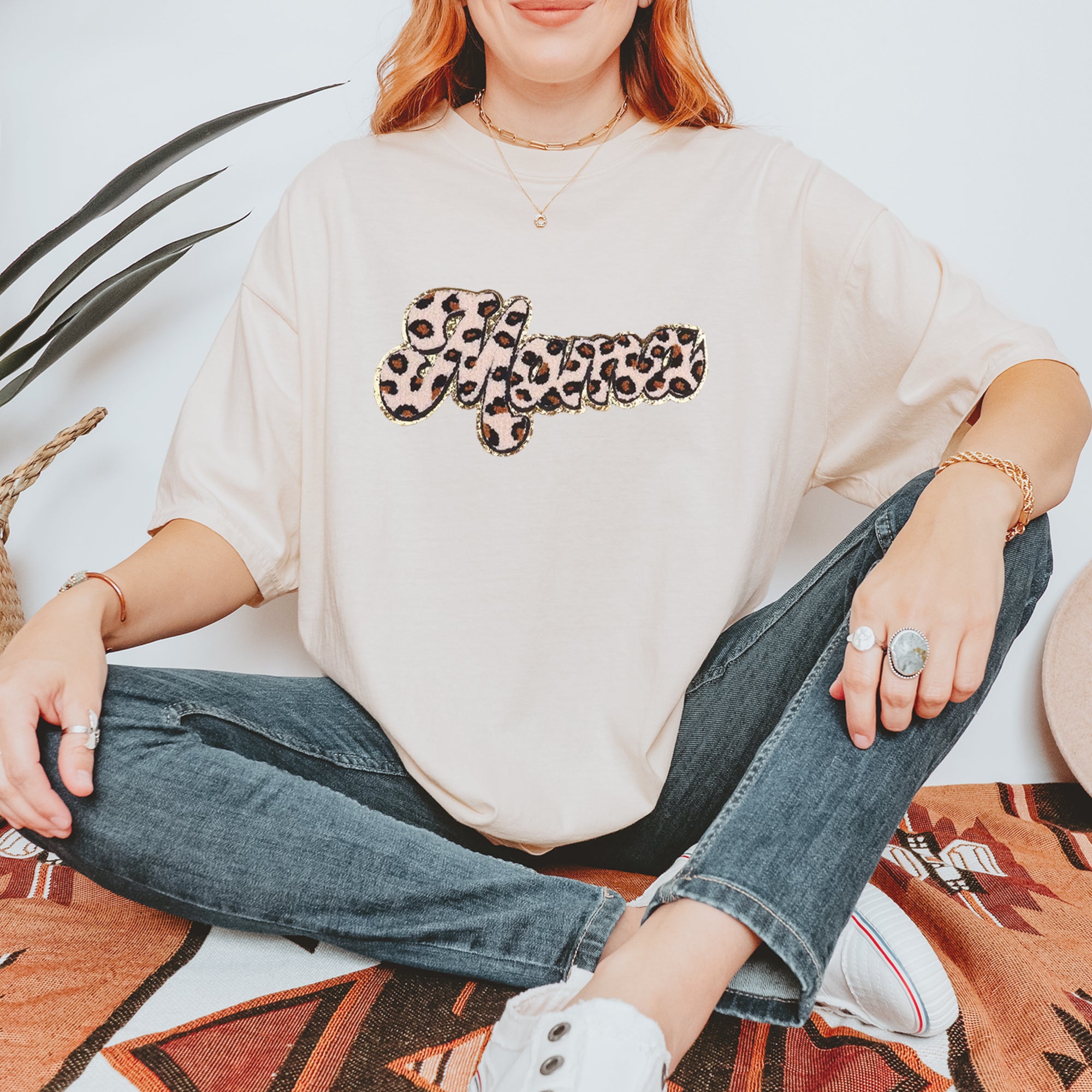 Mama Cheetah Print Glitter Chenille Patch Vintage Soft Unisex T-shirt 