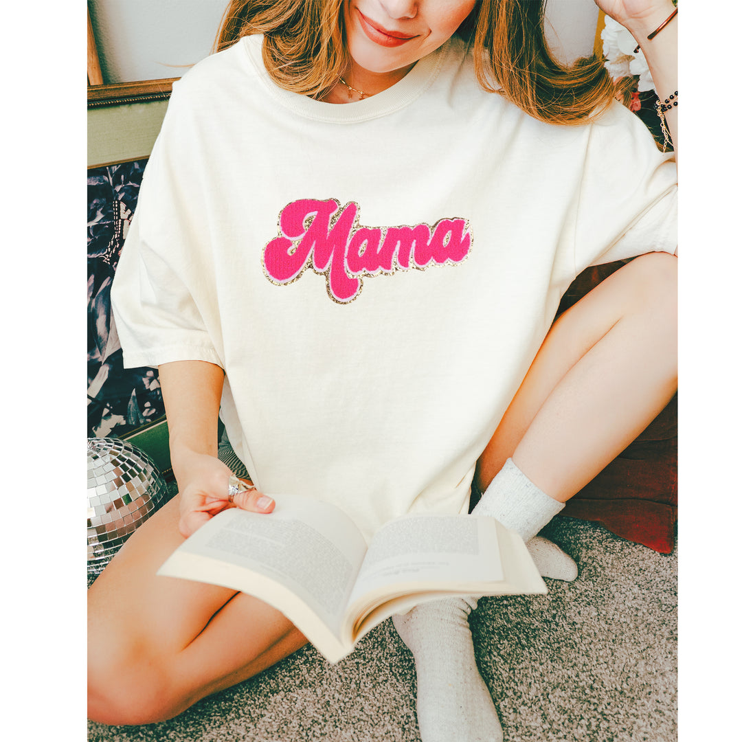 Mama Hot Pink Glitter Chenille Patch Vintage Soft Unisex T-shirt 