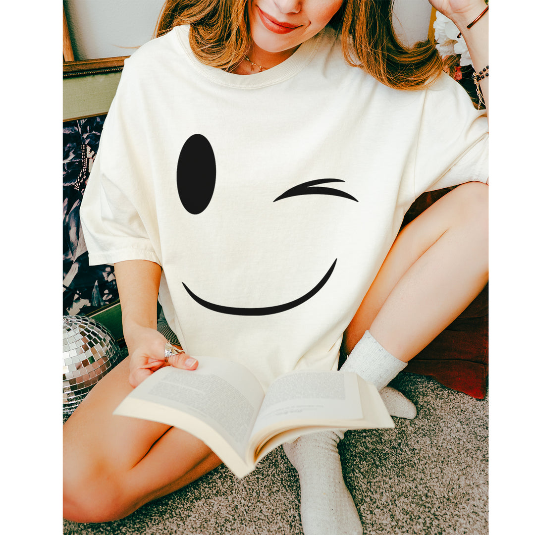 Emoticon Winking Smile Face graphic on Garment-Dyed Heavyweight Unisex T-Shirt