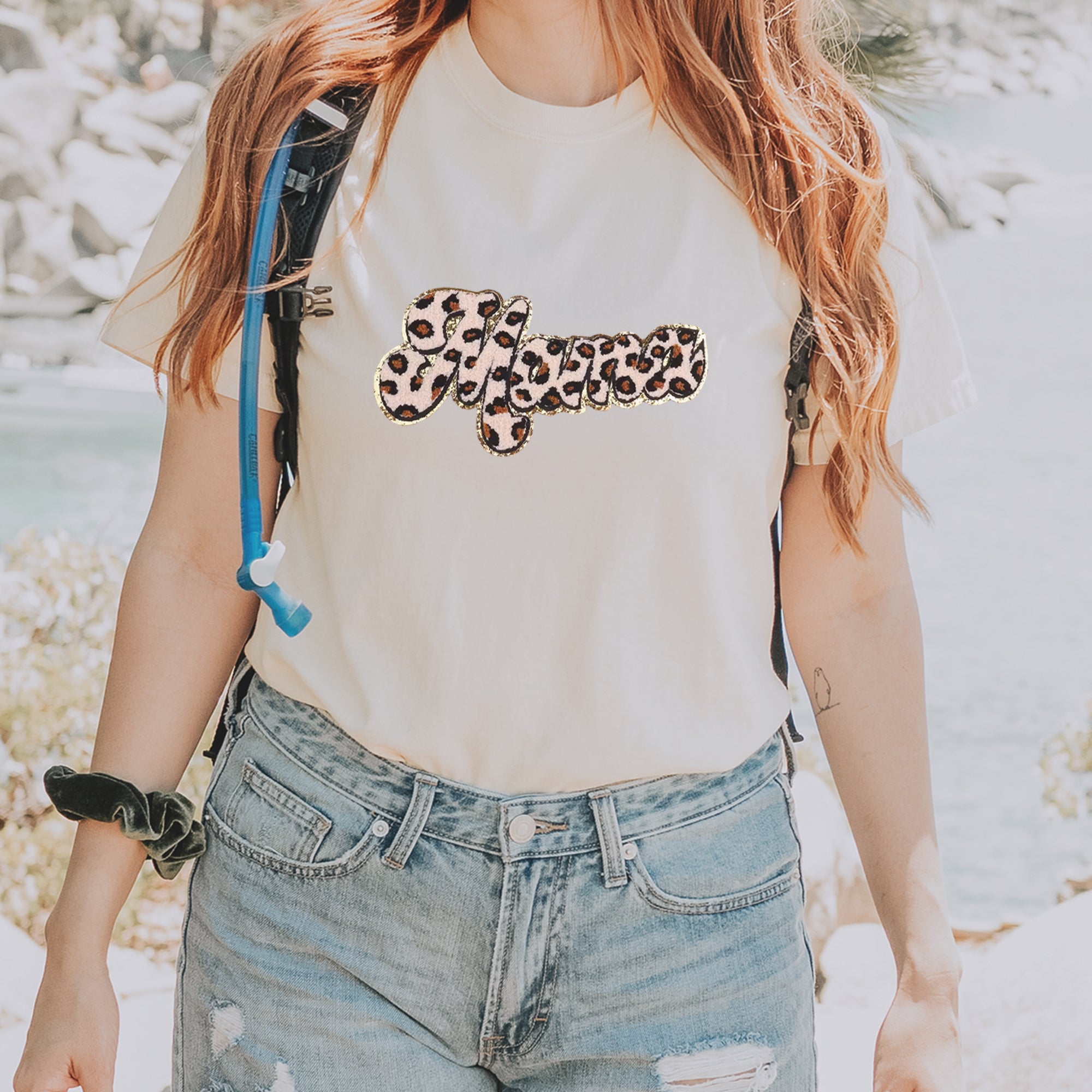 Mama Cheetah Print Glitter Chenille Patch Vintage Soft Unisex T-shirt 