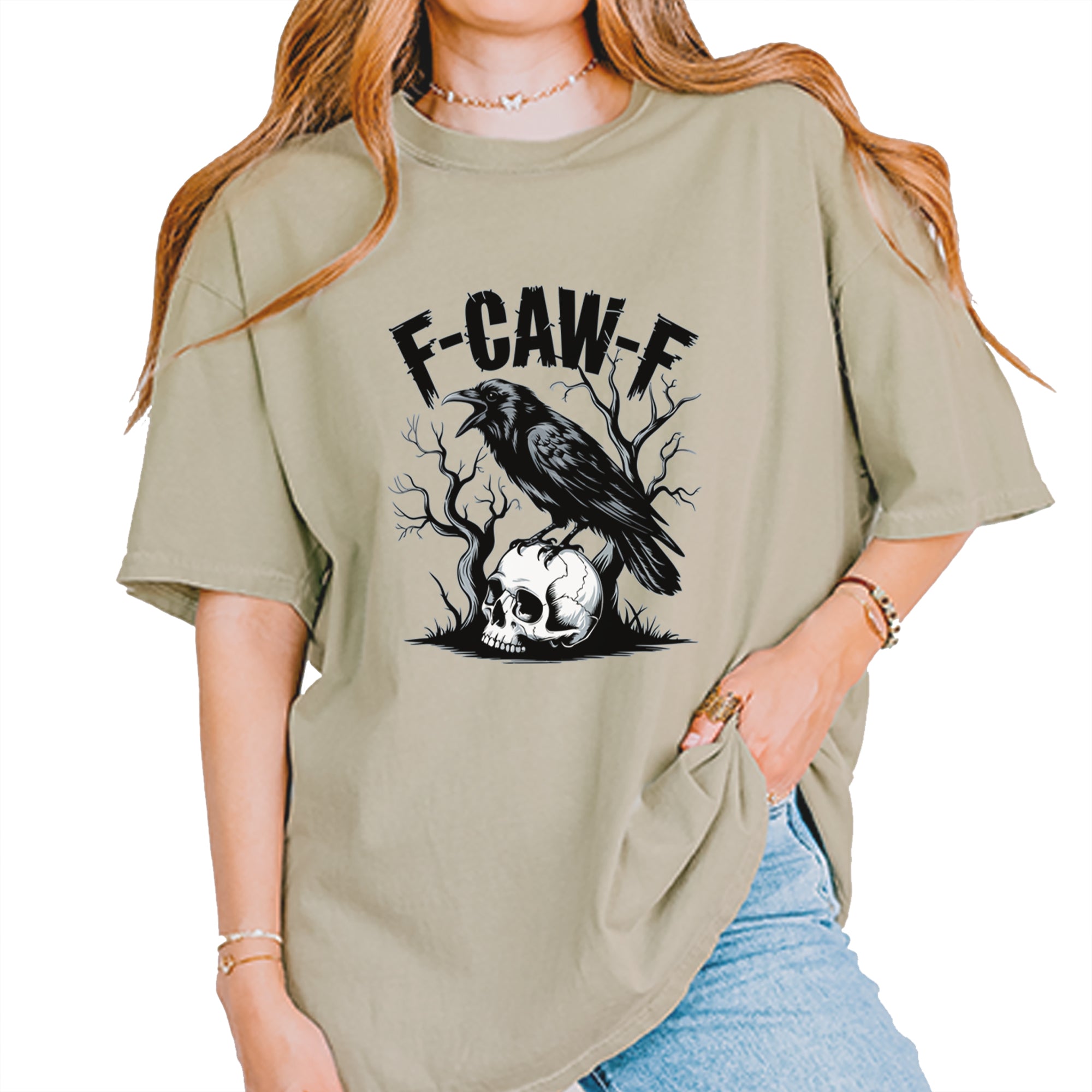 F-Caw-F Crow On Skull F-ck Off Gothic Vintage Soft Unisex T-shirt Khaki