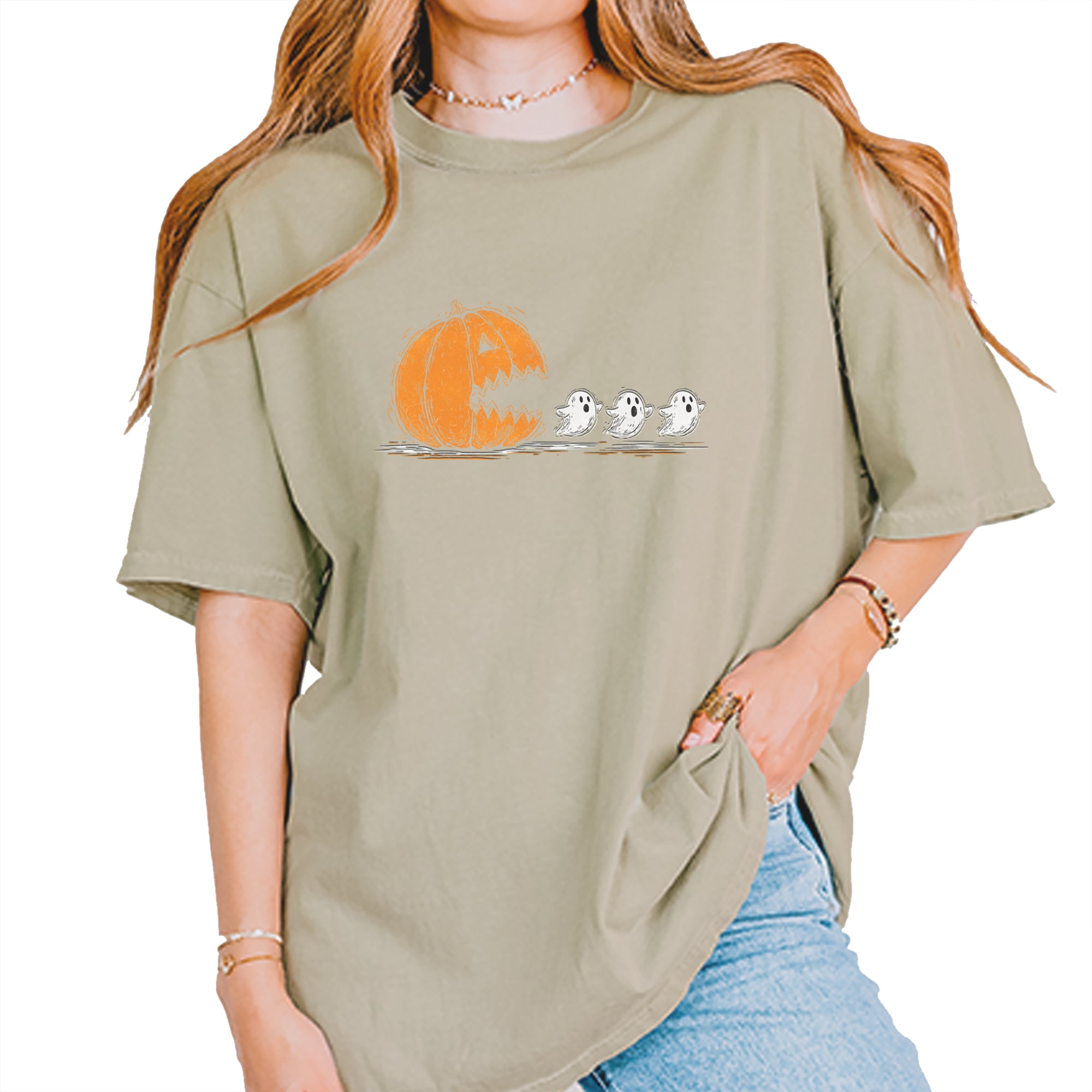 Pumpkin Pacman Chasing Ghosts Halloween Vintage Soft Unisex T-shirt Khaki