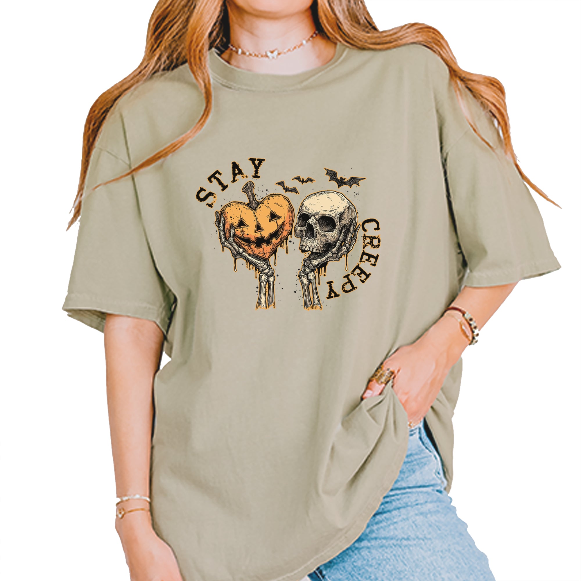 Stay Creepy Skull and Pumpkin Halloween Vintage Soft Unisex T-shirt Khaki