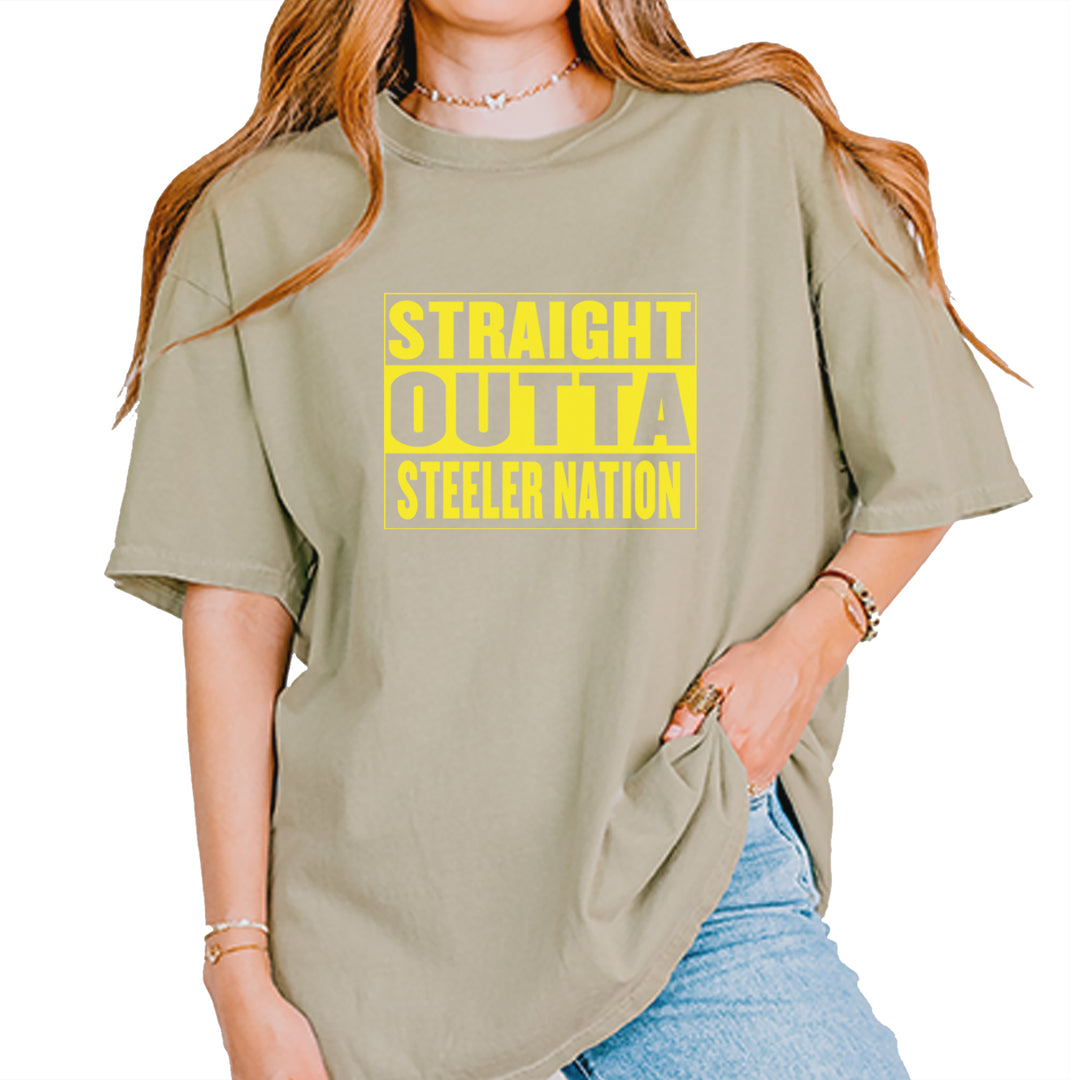 Straight Outta Steeler Nation Football graphic on Garment-Dyed Heavyweight Unisex T-Shirt in Khaki