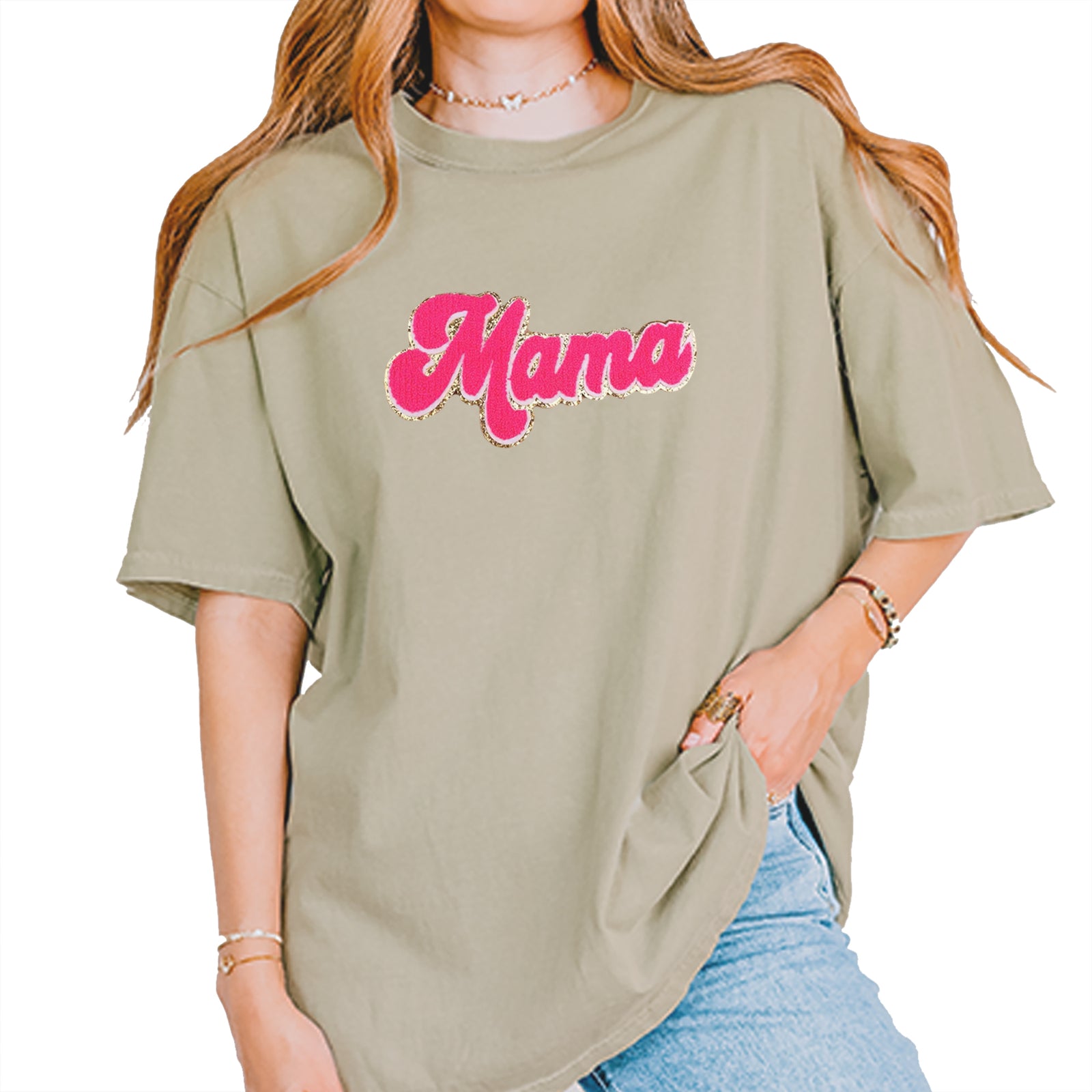 Mama Hot Pink Glitter Chenille Patch Vintage Soft Unisex T-shirt Khaki