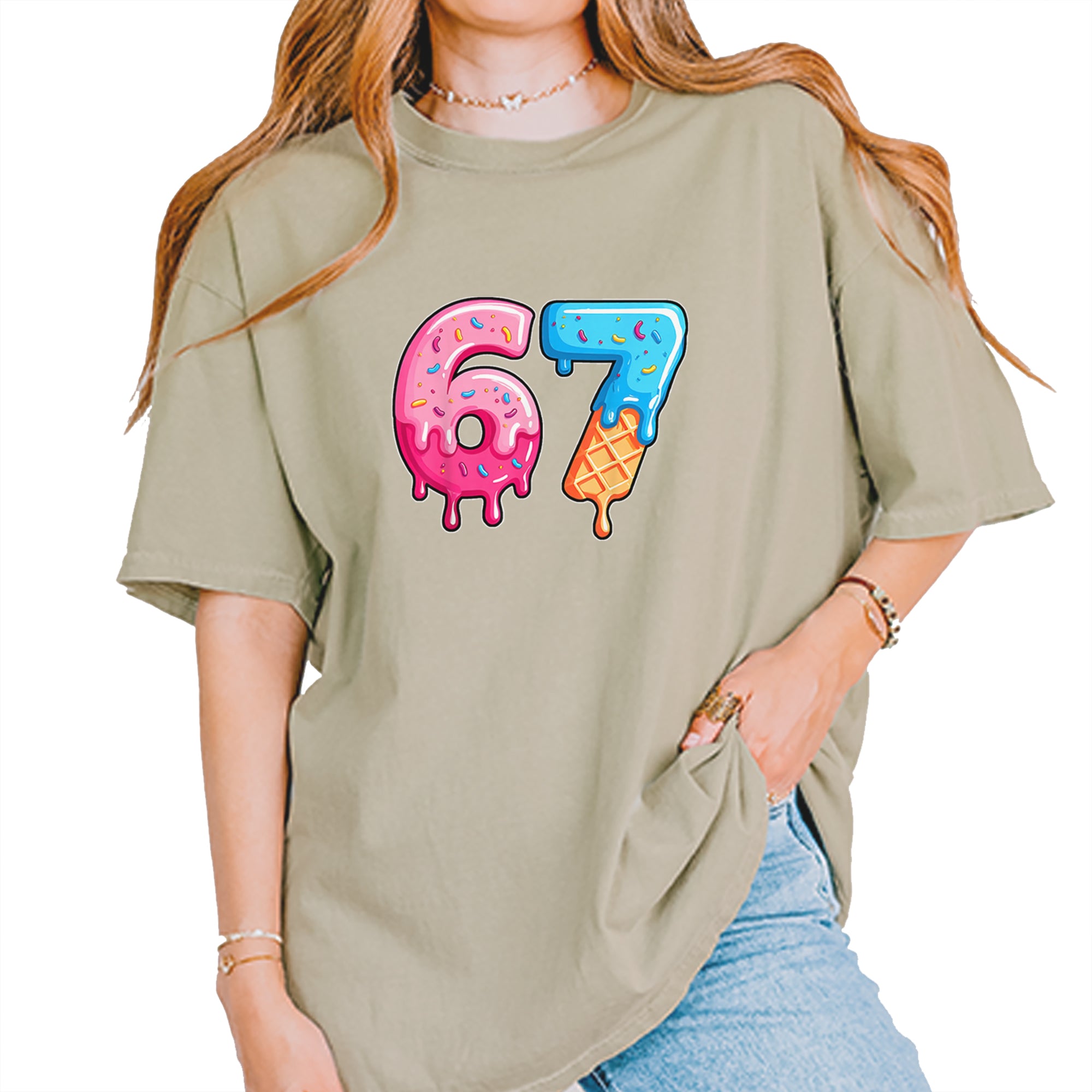 67 Dripping Ice Cream Donut Melt Vintage Soft Unisex T-shirt Khaki