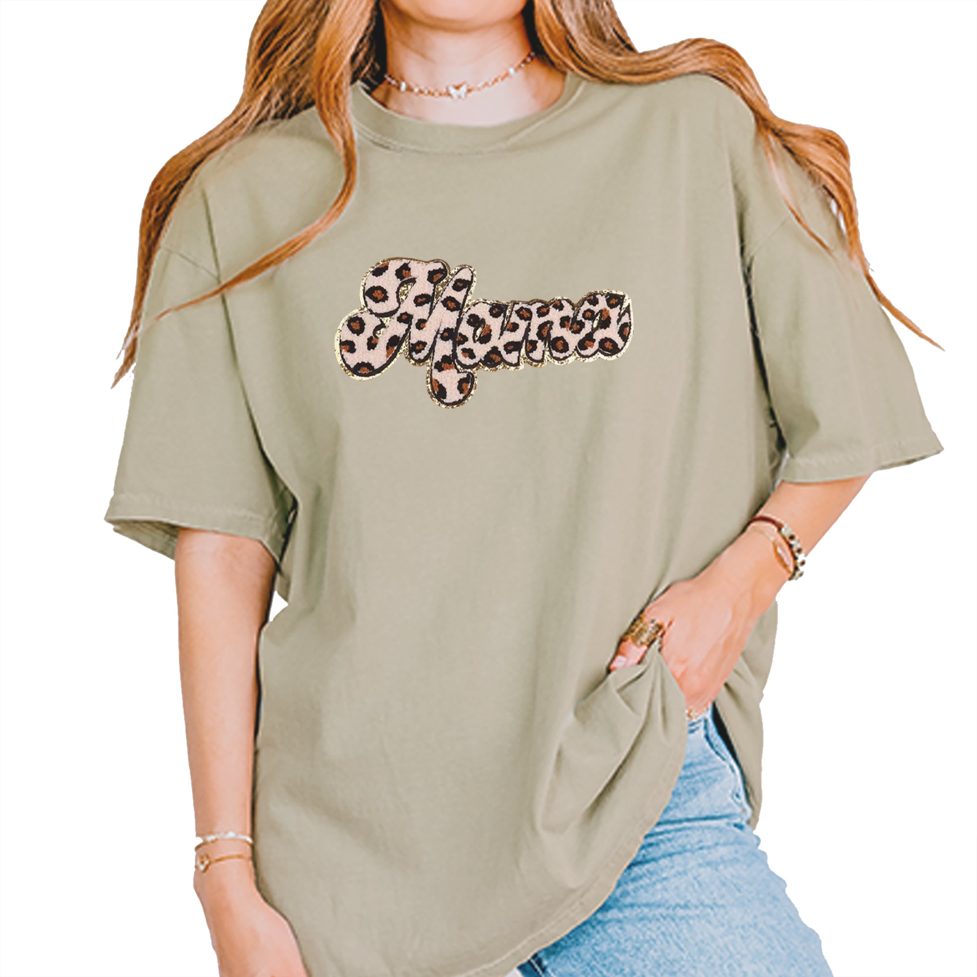 Mama Cheetah Print Glitter Chenille Patch Vintage Soft Unisex T-shirt Khaki