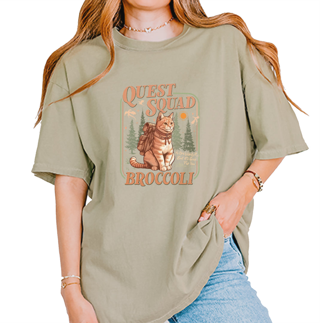 Quest Squad Broccoli Cat Fantasy Reader  Vintage Soft Unisex T-shirt Khaki