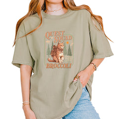 Quest Squad Broccoli Cat Fantasy Reader  Vintage Soft Unisex T-shirt Khaki