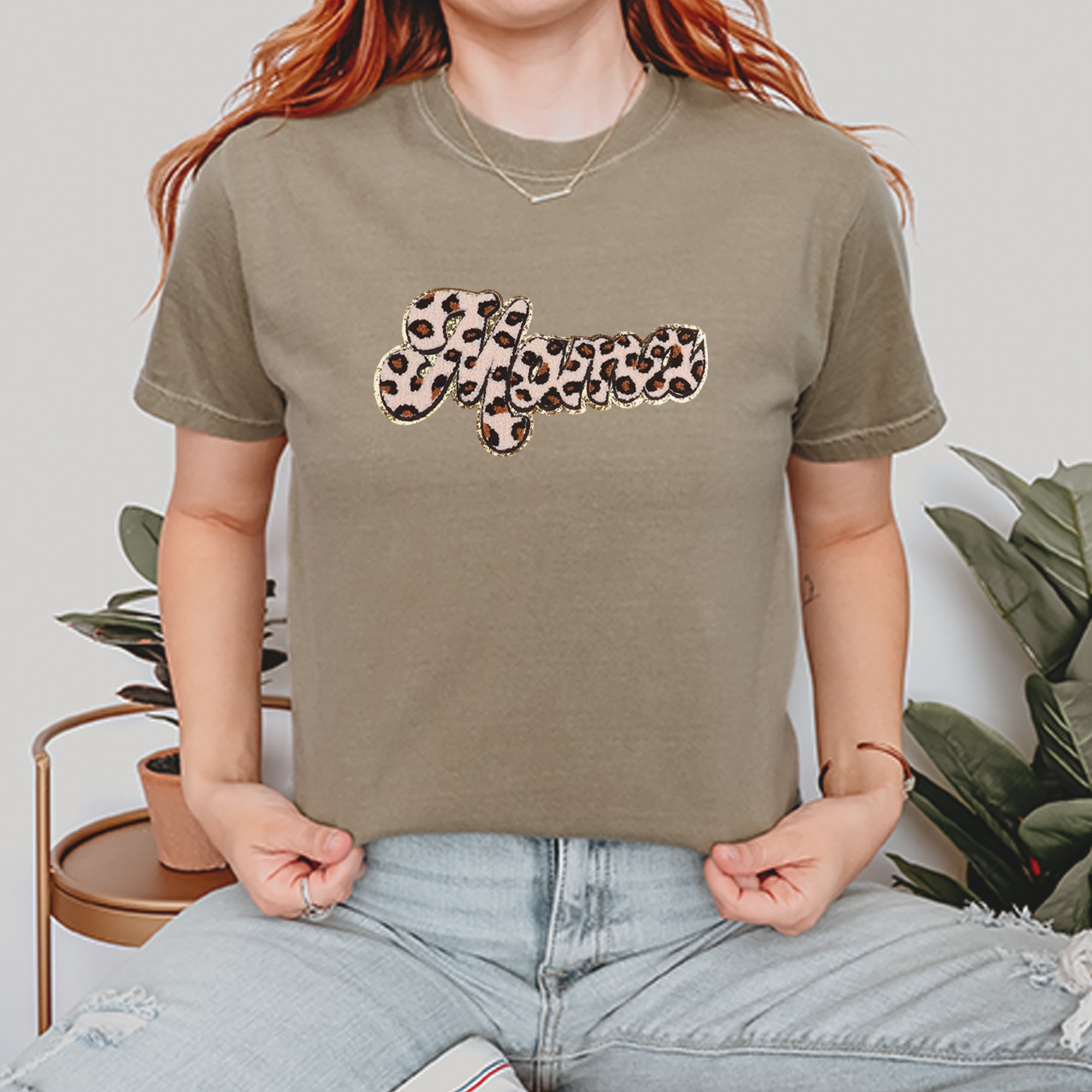 Mama Cheetah Print Glitter Chenille Patch Vintage Soft Unisex T-shirt 