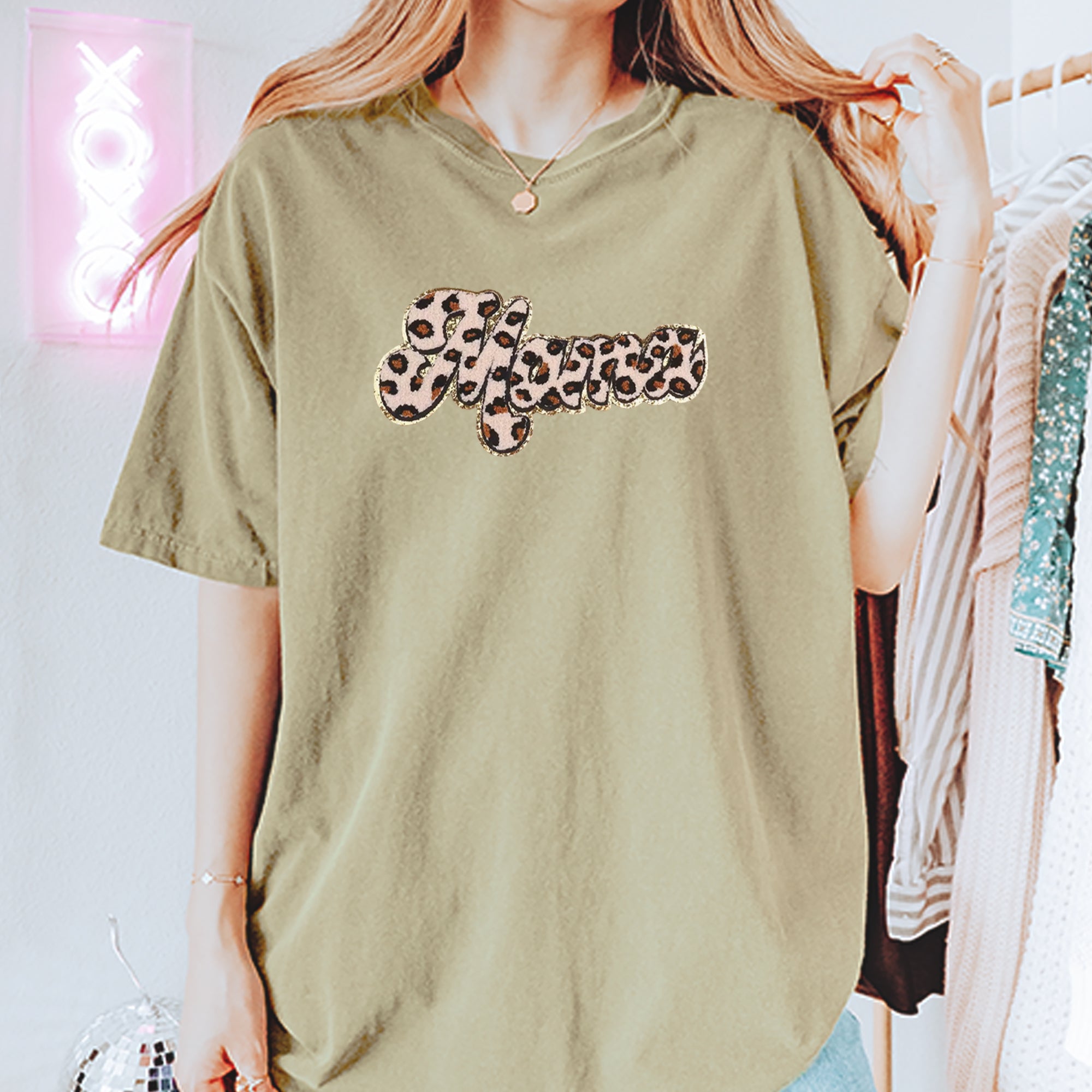 Mama Cheetah Print Glitter Chenille Patch Vintage Soft Unisex T-shirt 