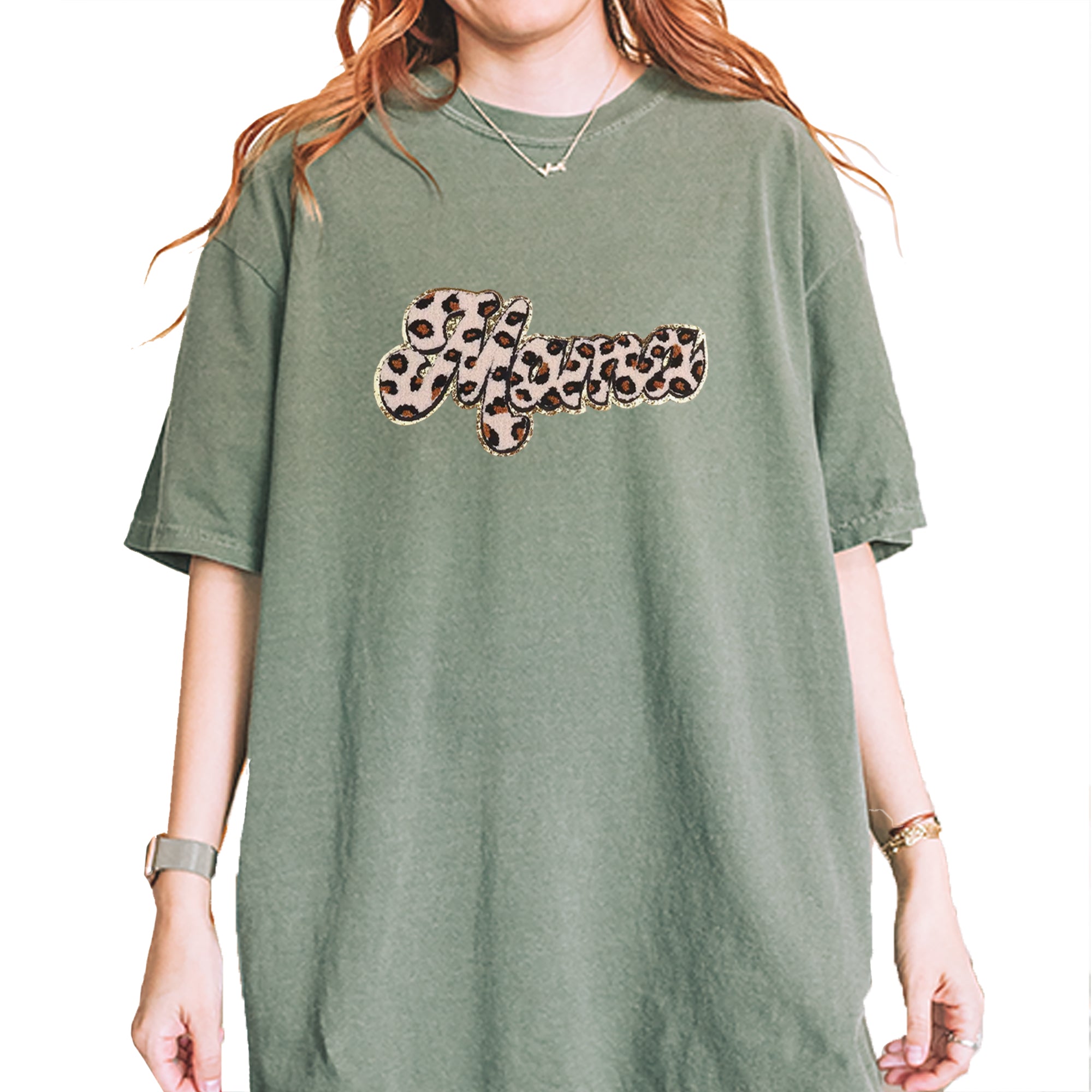 Mama Cheetah Print Glitter Chenille Patch Vintage Soft Unisex T-shirt Moss