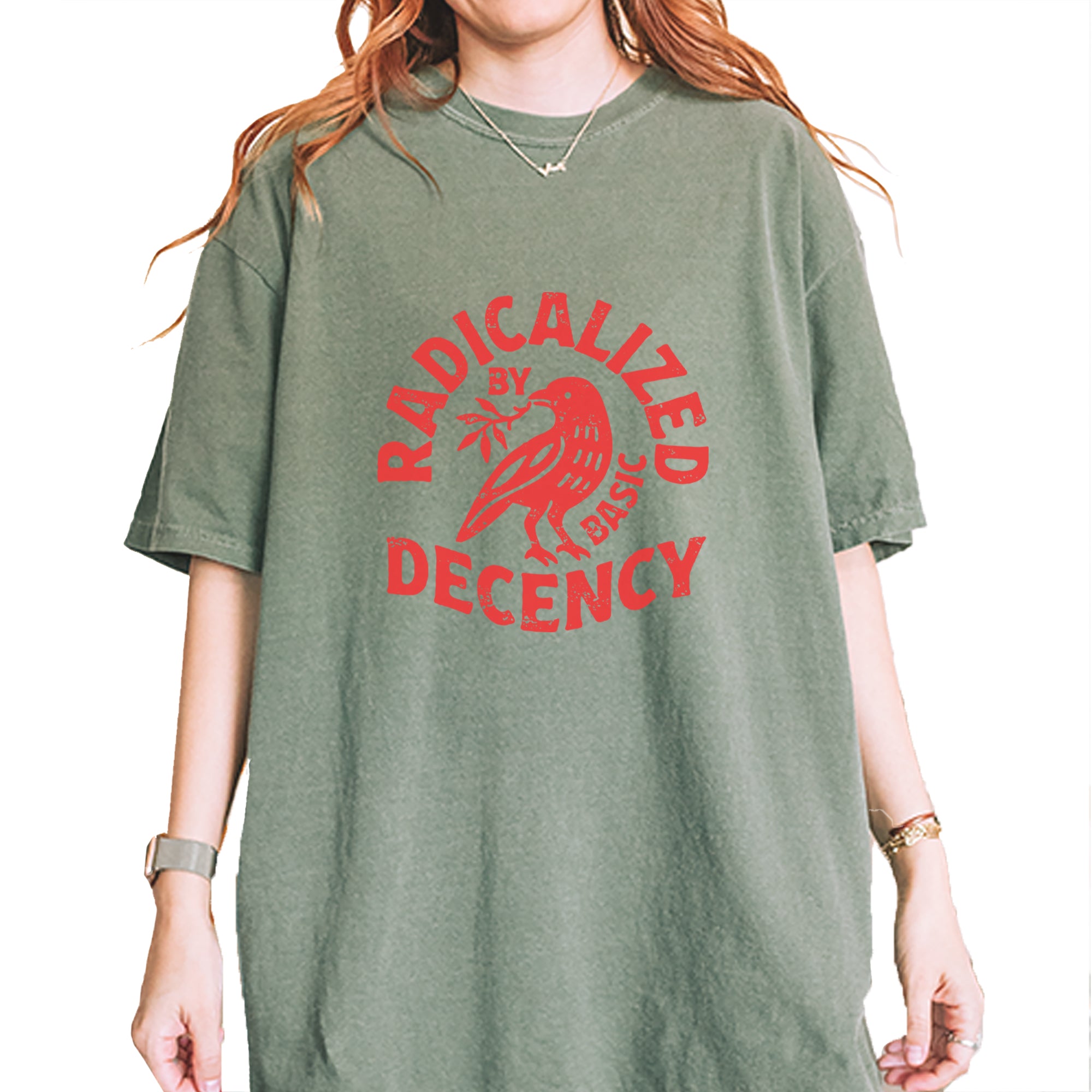Radicalized by Basic Decency Dove Protest Statement Vintage Soft Unisex T-shirt Moss