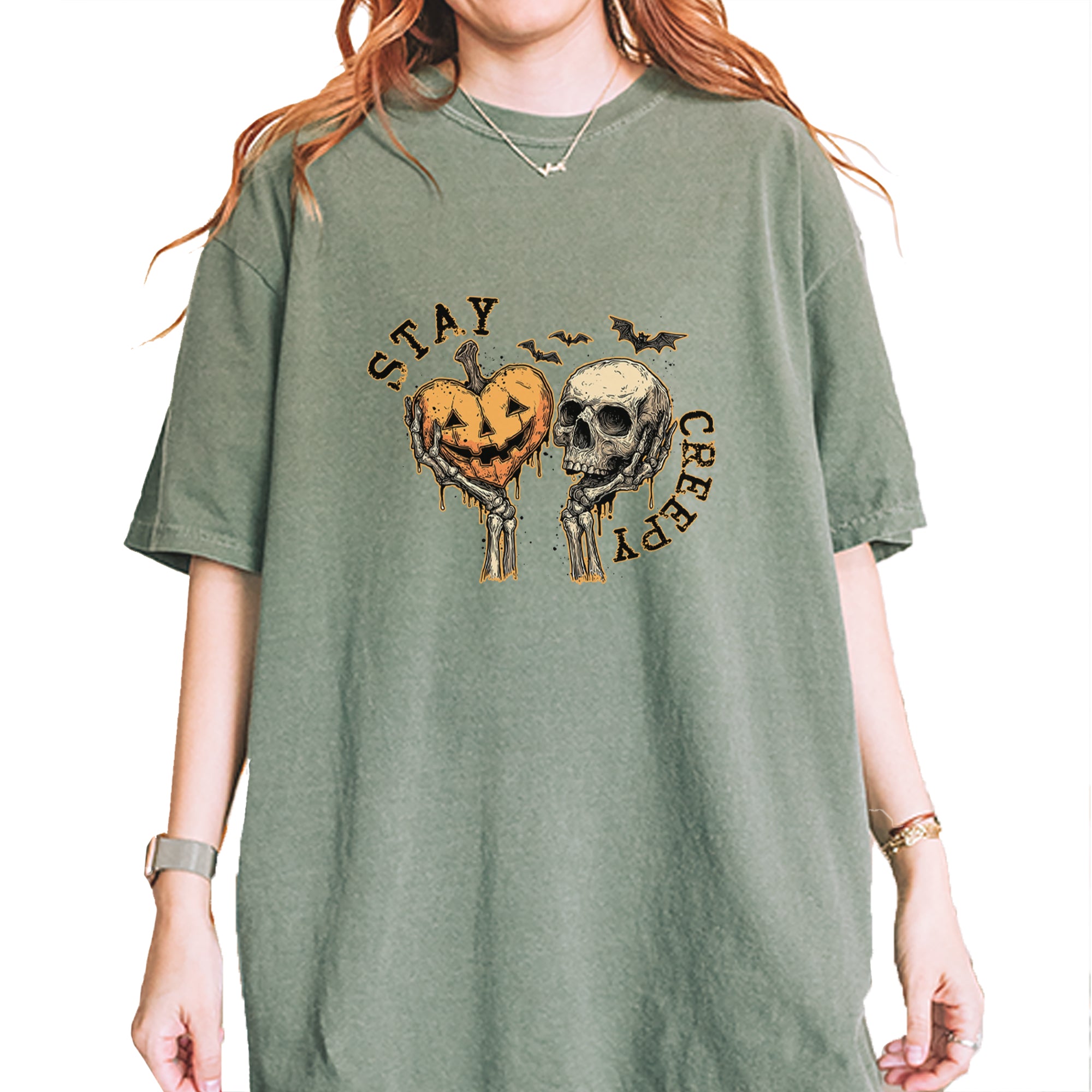 Stay Creepy Skull and Pumpkin Halloween Vintage Soft Unisex T-shirt Moss