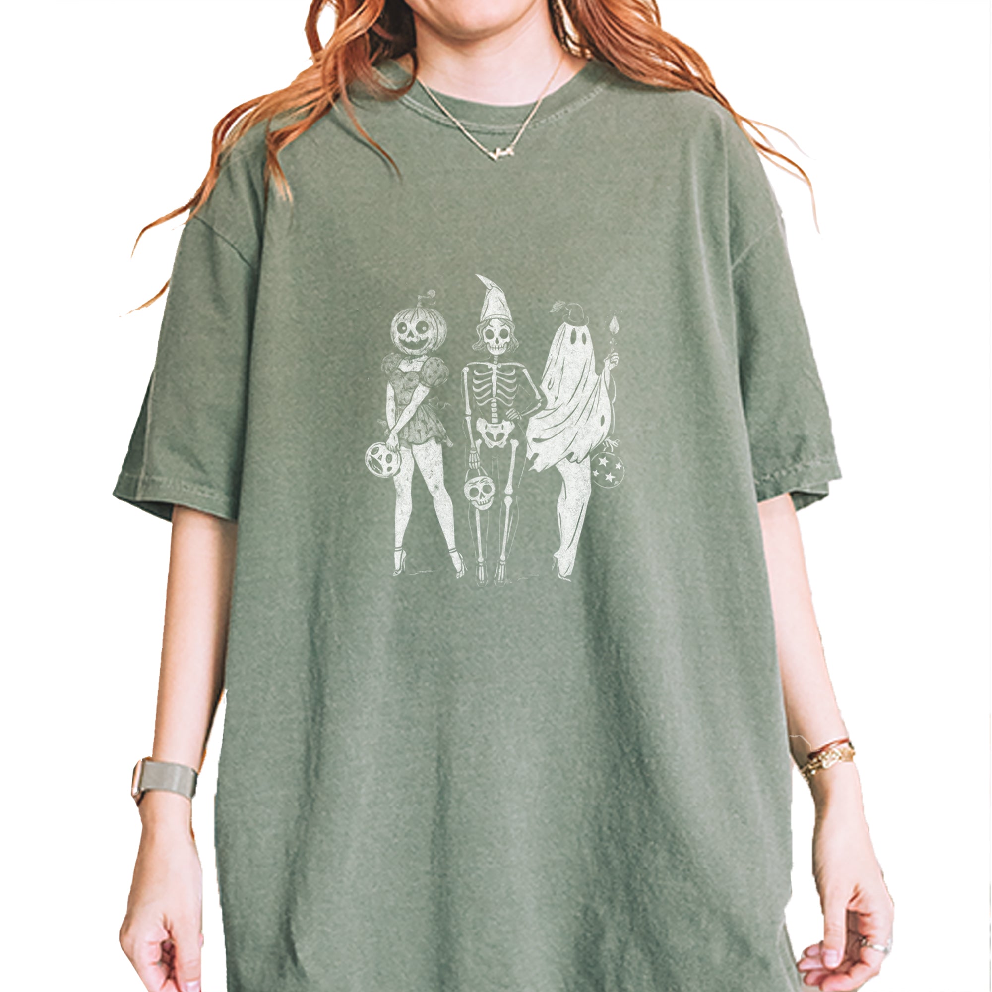 Vintage Spooky Squad Pinup Halloween Design Vintage Soft Unisex T-shirt Moss