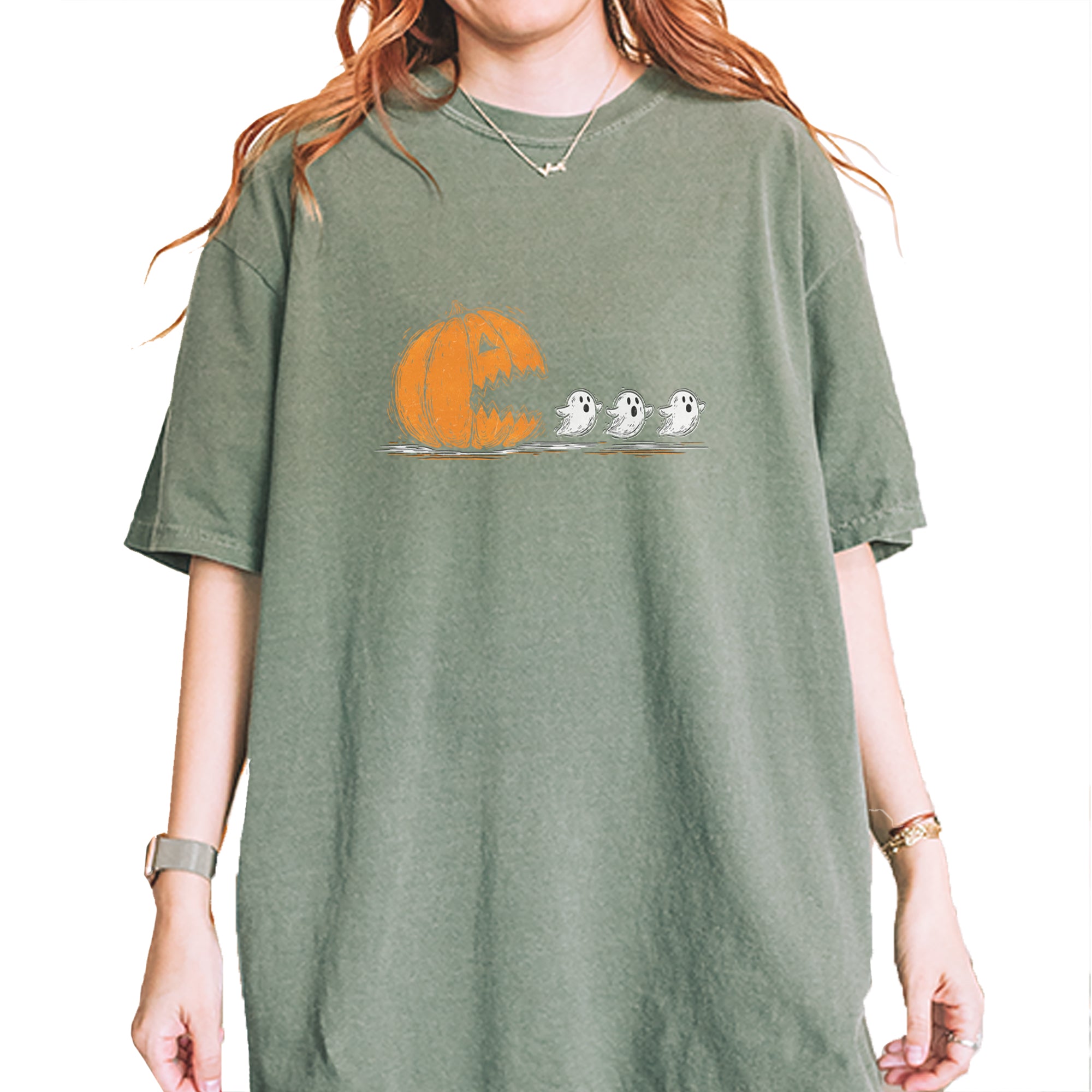 Pumpkin Pacman Chasing Ghosts Halloween Vintage Soft Unisex T-shirt Moss