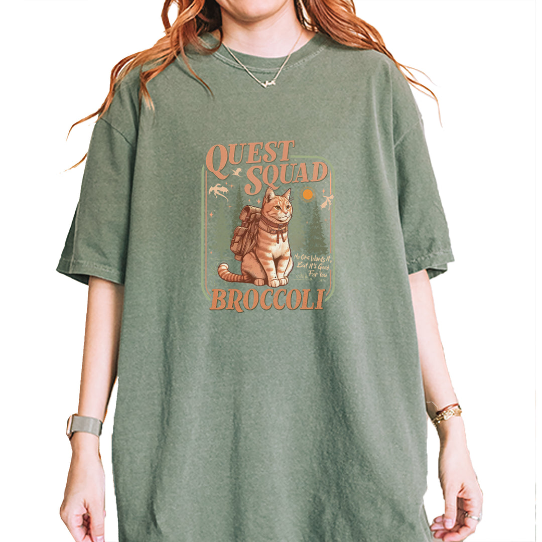 Quest Squad Broccoli Cat Fantasy Reader  Vintage Soft Unisex T-shirt Moss