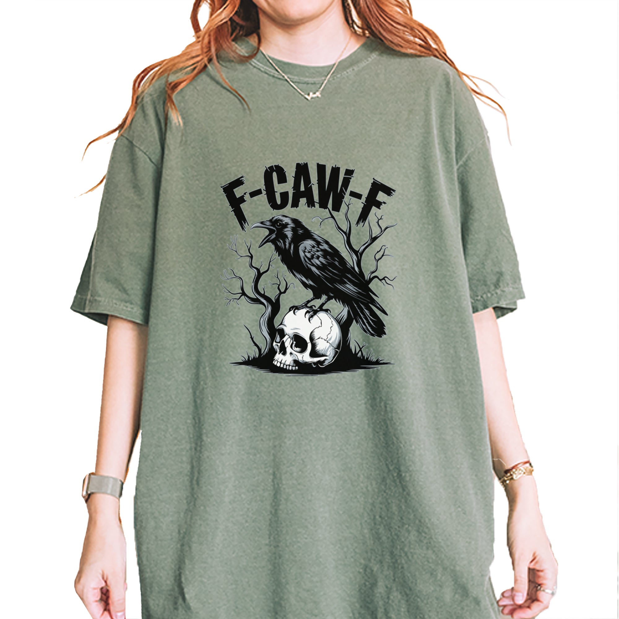 F-Caw-F Crow On Skull F-ck Off Gothic Vintage Soft Unisex T-shirt Moss