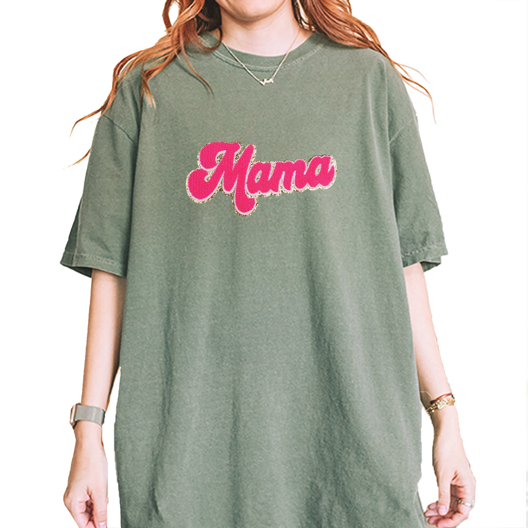 Mama Hot Pink Glitter Chenille Patch Vintage Soft Unisex T-shirt Moss