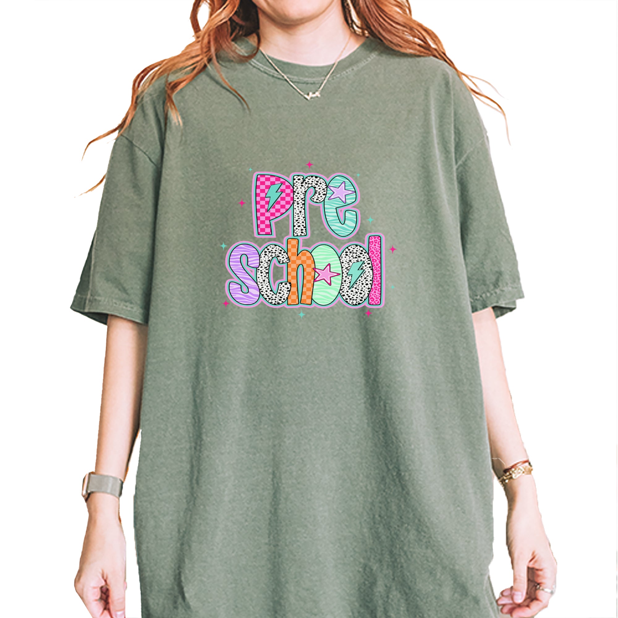 Preschool Power Colorful Back to School Vintage Soft Unisex T-shirt Moss