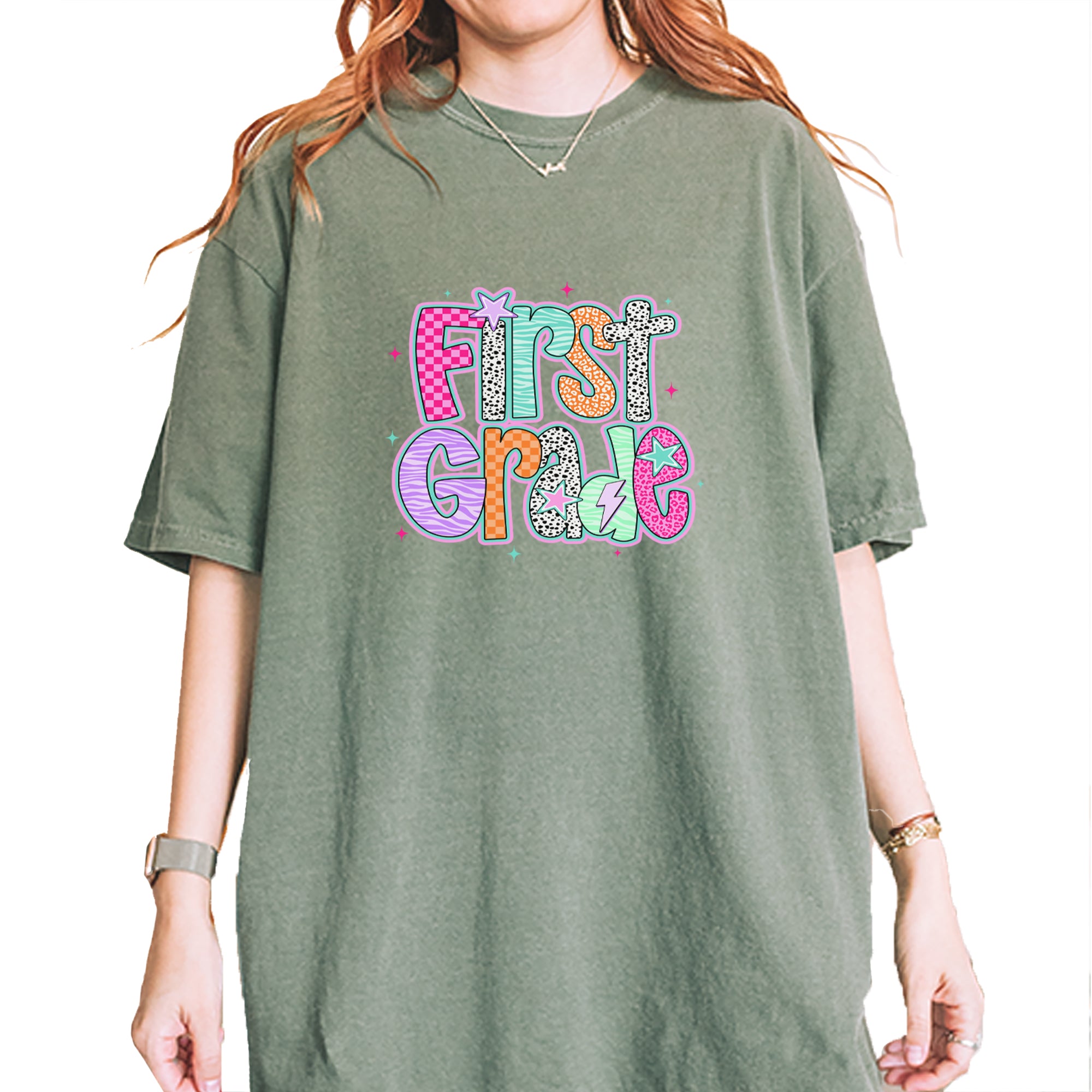 First Grade Vibes Colorful Back to School Vintage Soft Unisex T-shirt Moss