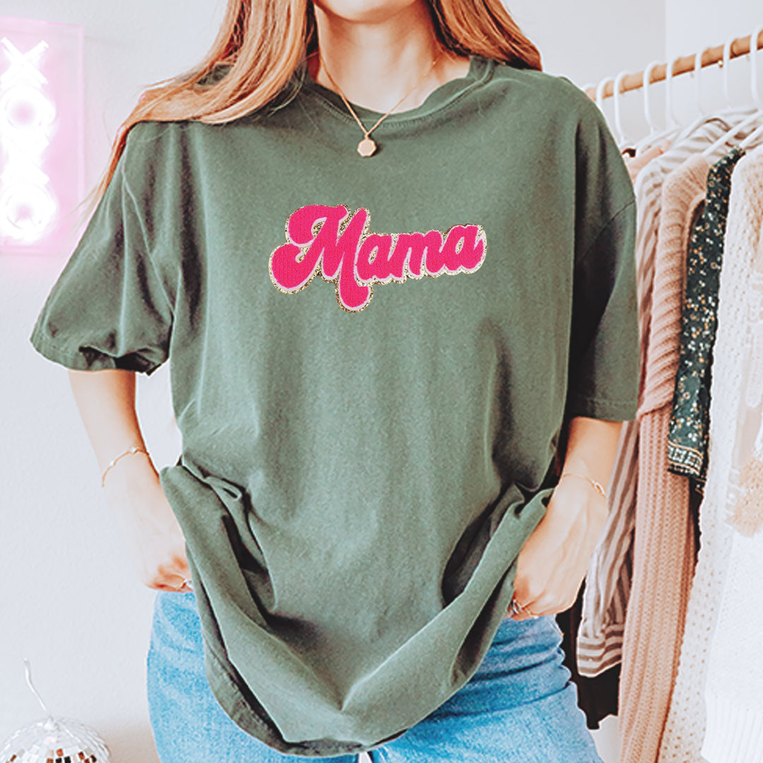 Mama Hot Pink Glitter Chenille Patch Vintage Soft Unisex T-shirt 