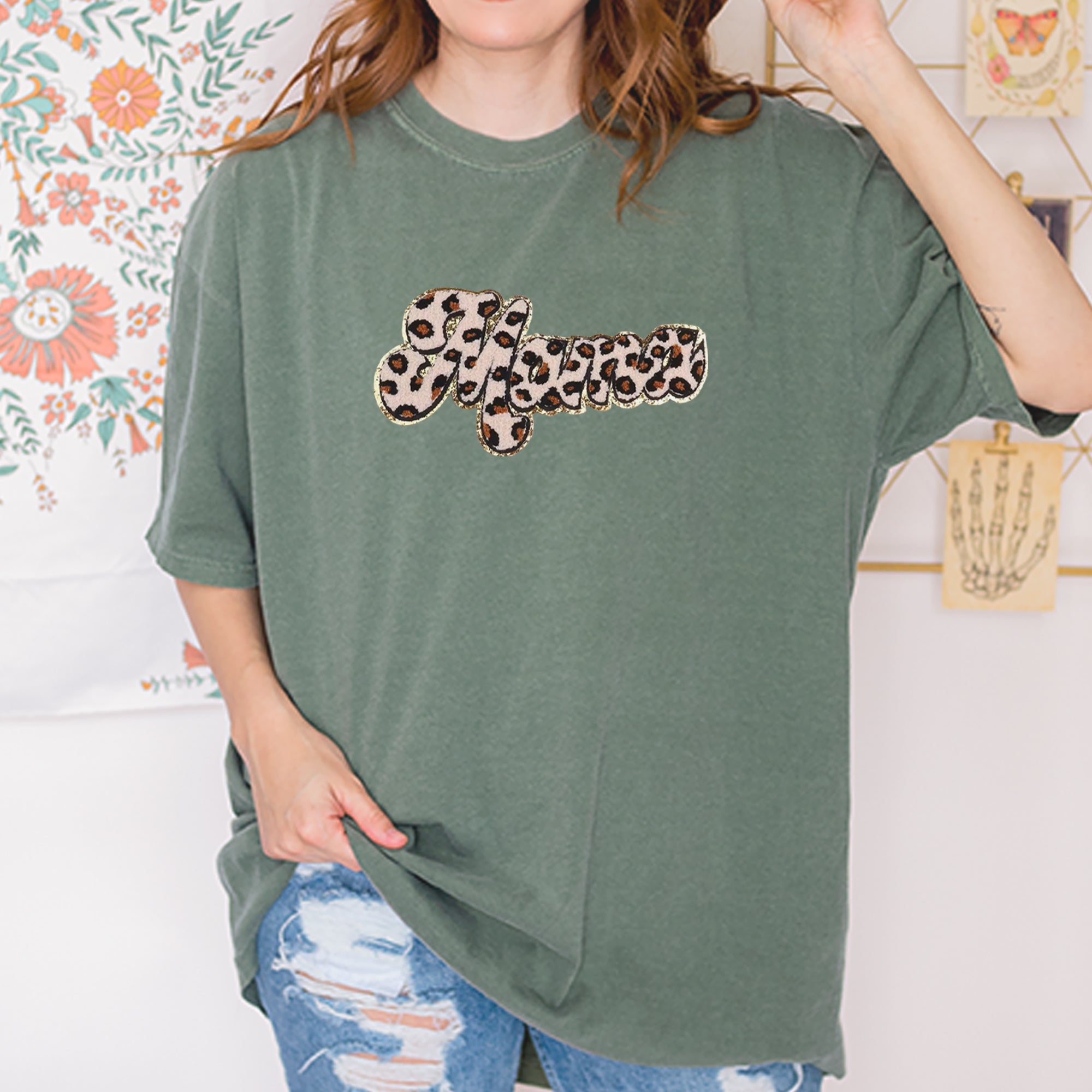 Mama Cheetah Print Glitter Chenille Patch Vintage Soft Unisex T-shirt 