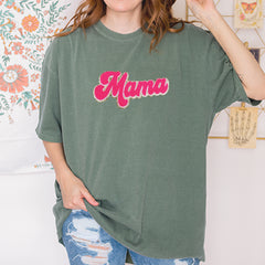 Mama Hot Pink Glitter Chenille Patch Vintage Soft Unisex T-shirt 