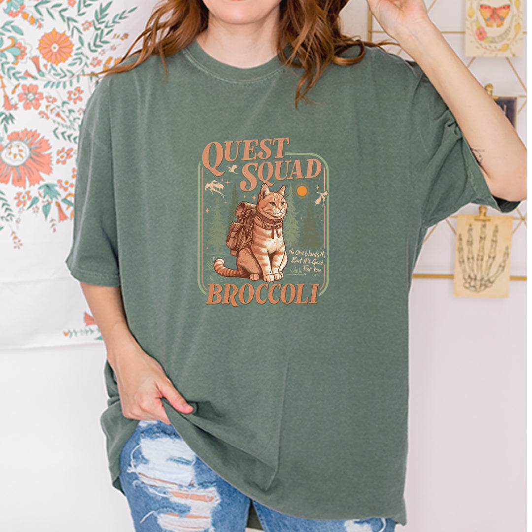 Quest Squad Broccoli Cat Fantasy Reader  Vintage Soft Unisex T-shirt 
