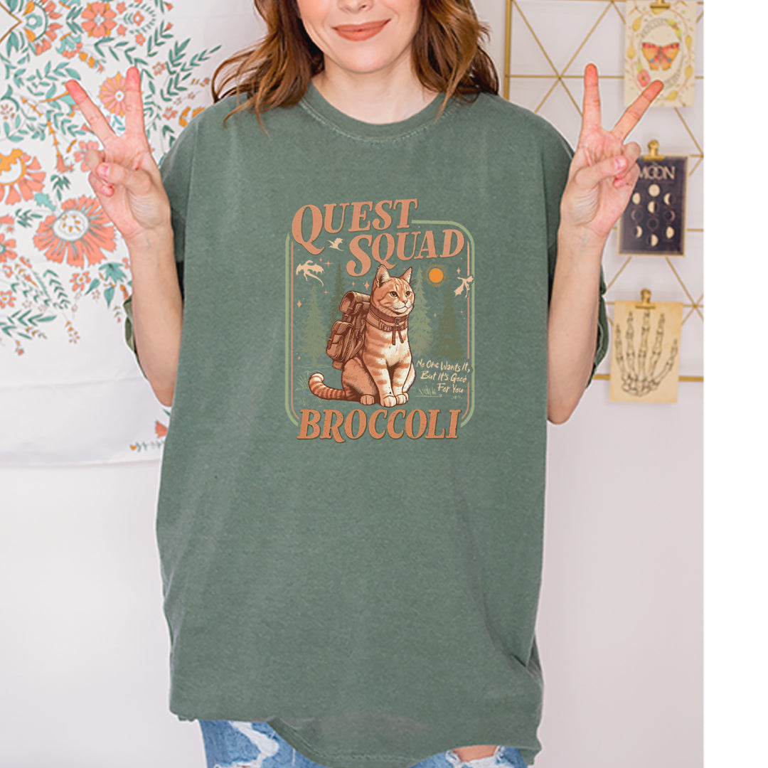 Quest Squad Broccoli Cat Fantasy Reader  Vintage Soft Unisex T-shirt 