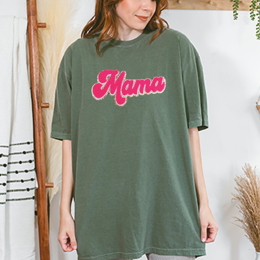 Mama Hot Pink Glitter Chenille Patch Vintage Soft Unisex T-shirt 
