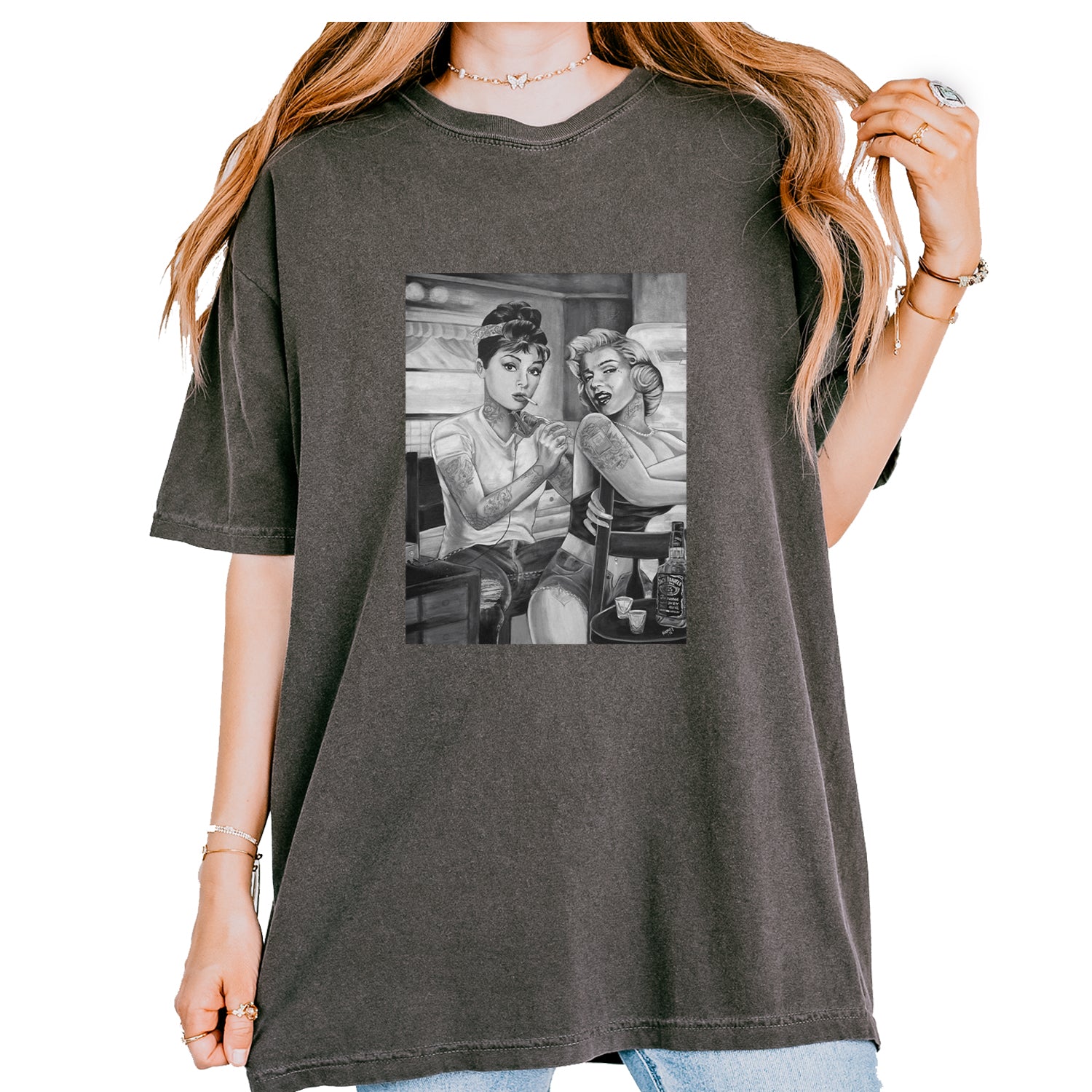 Monroe and Audrey Hepburn Tattooed Icons Vintage Soft Unisex T-shirt Pepper