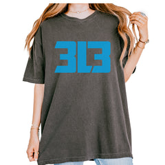 Garment-Dyed Heavyweight Unisex T-Shirt (Comfort Colors 1717) with bold "3L3" Detroit 313 football graphic