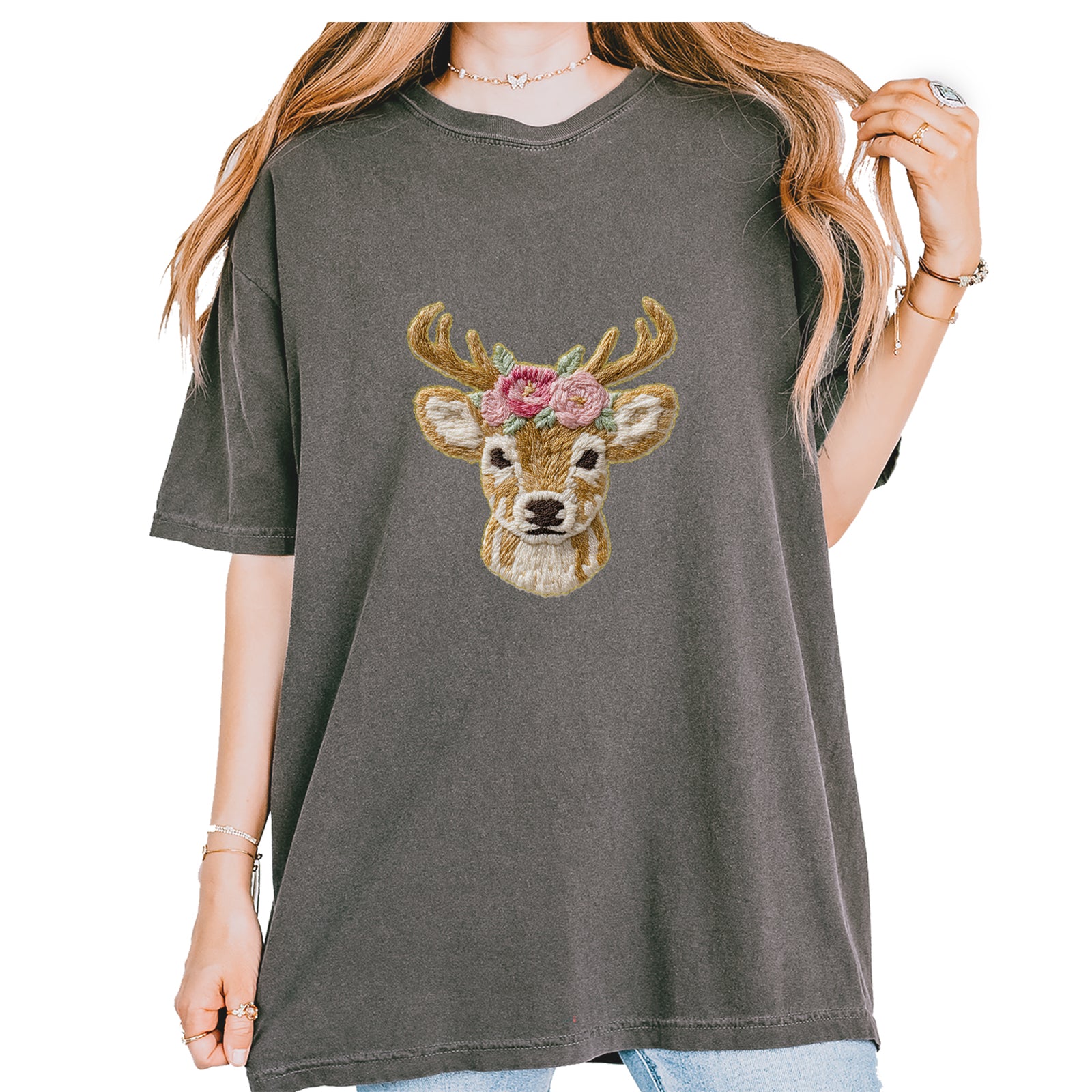 Vintage Reindeer Embroidery Art Soft Cottagecore Vintage Soft Unisex T-shirt Espresso