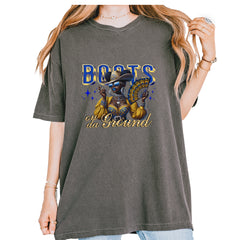Glam cowgirl in hat with statement jewelry, shades, and folding fan with "Boots on da Ground" on Comfort Colors 1717 unisex T-shirt
