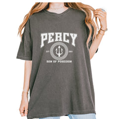 Percy Son Of Poseidon Sea God trident seal and Greek key crest on Comfort Colors 1717 garment-dyed heavyweight unisex T-shirt