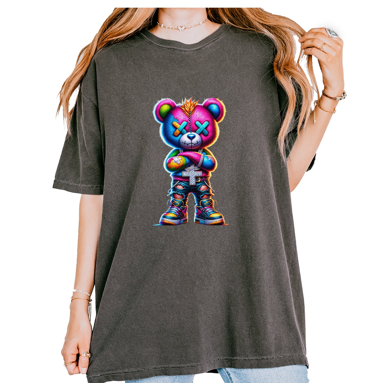 Stitched Neon Urban Graffiti Bear Vintage Soft Unisex T-shirt Pepper