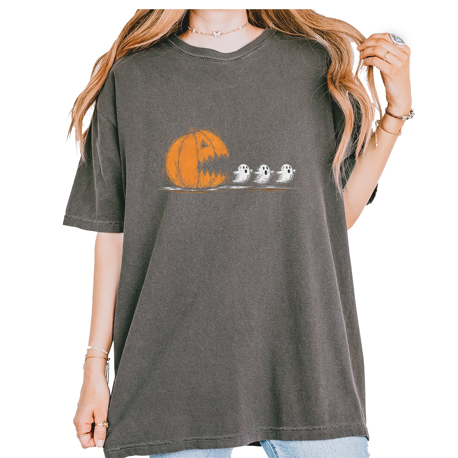 Pumpkin Pacman Chasing Ghosts Halloween Vintage Soft Unisex T-shirt Pepper