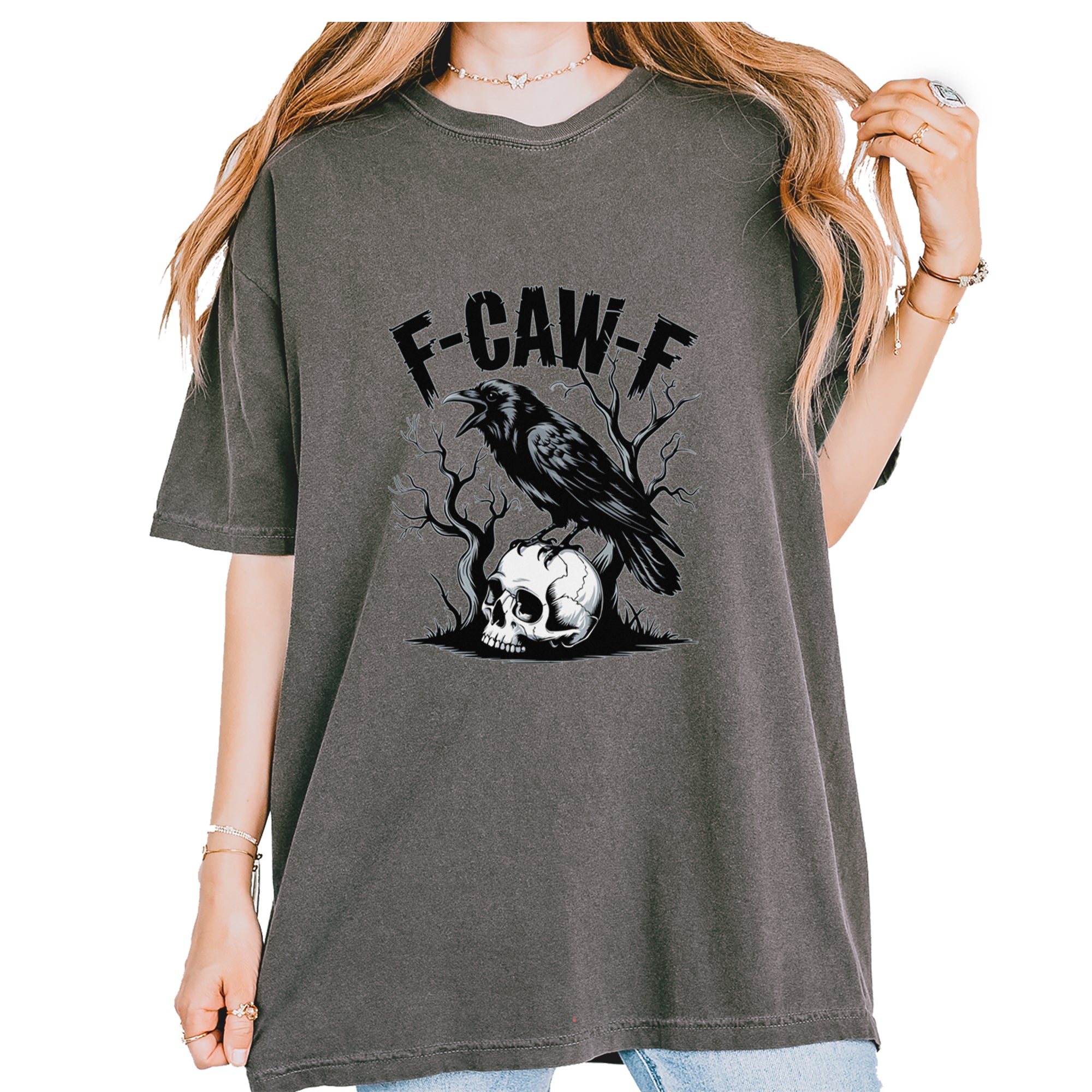 F-Caw-F Crow On Skull F-ck Off Gothic Vintage Soft Unisex T-shirt Pepper