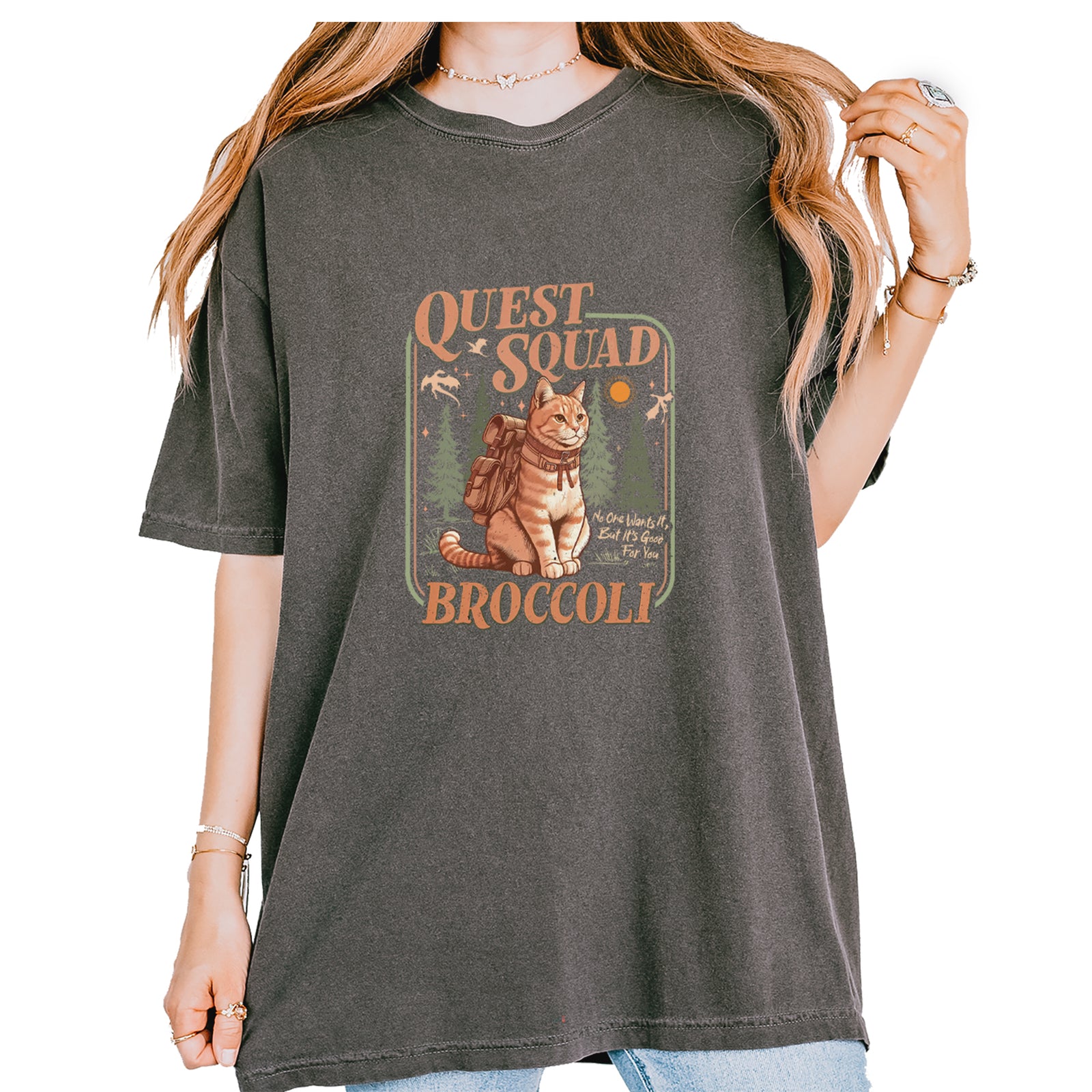 Quest Squad Broccoli Cat Fantasy Reader  Vintage Soft Unisex T-shirt Pepper