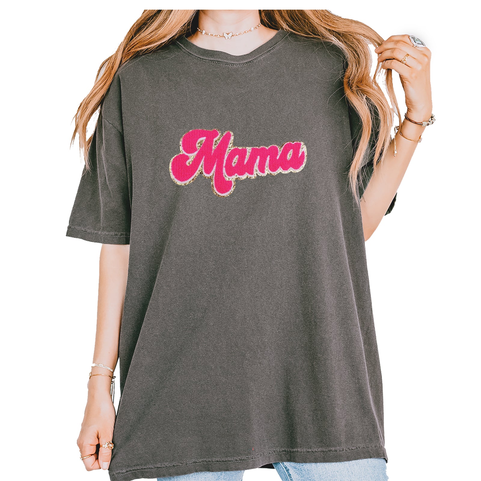 Mama Hot Pink Glitter Chenille Patch Vintage Soft Unisex T-shirt Khaki
