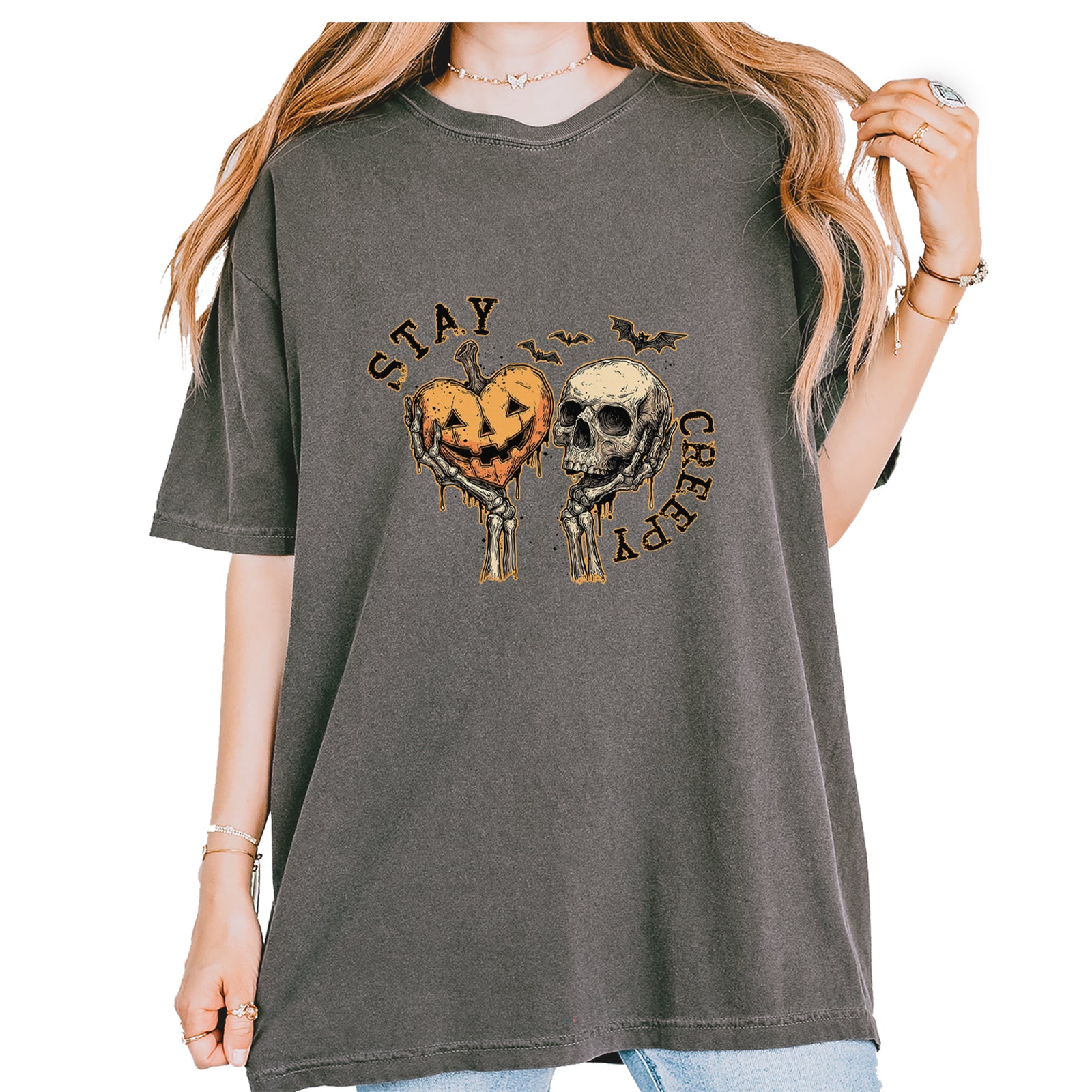 Stay Creepy Skull and Pumpkin Halloween Vintage Soft Unisex T-shirt Pepper