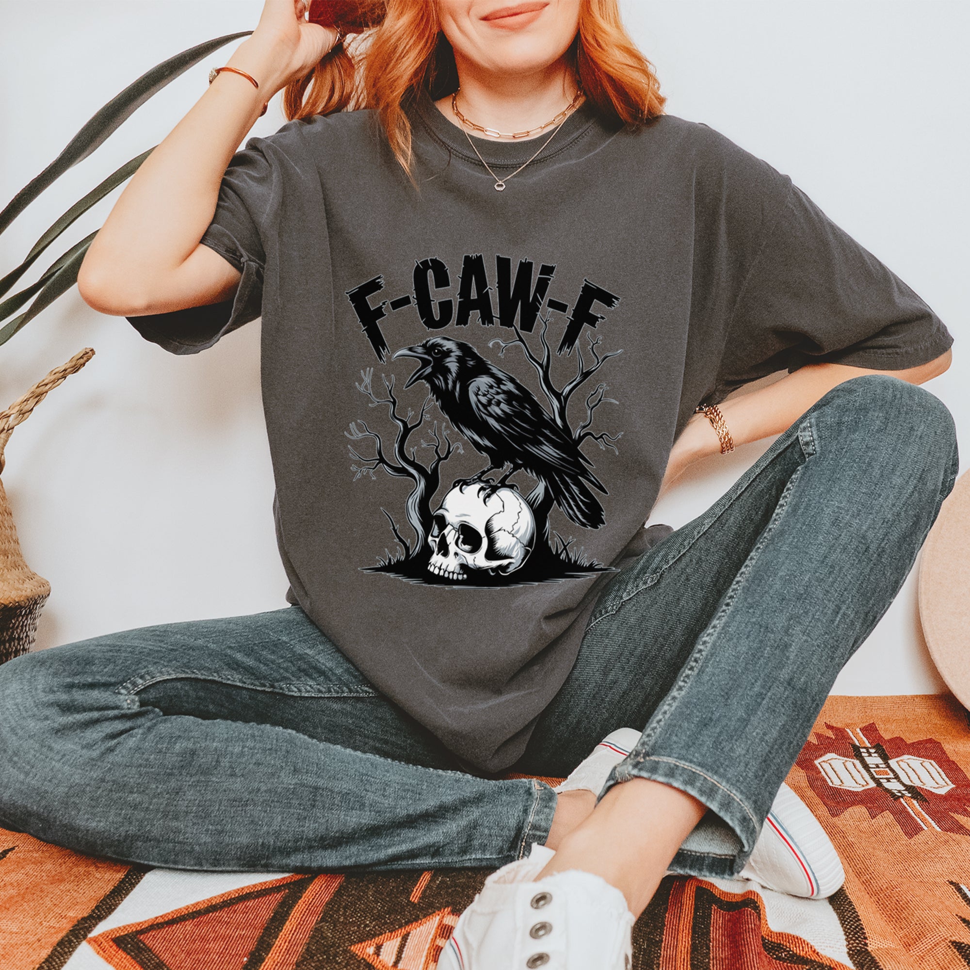F-Caw-F Crow On Skull F-ck Off Gothic Vintage Soft Unisex T-shirt 