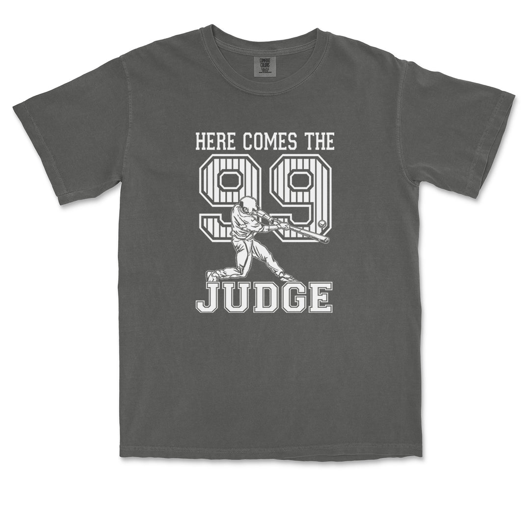 Here Comes The Judge 99 NY Baseball graphic on Garment-Dyed Heavyweight Unisex T-Shirt