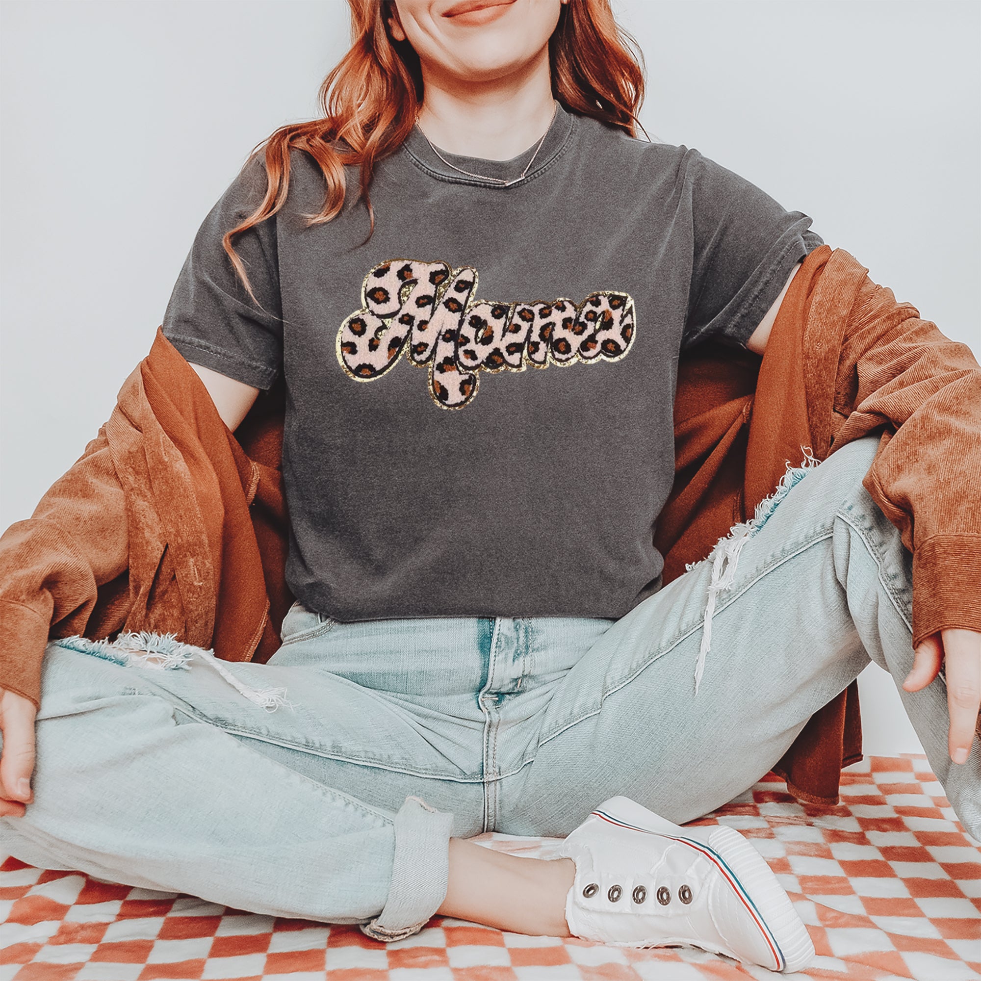 Mama Cheetah Print Glitter Chenille Patch Vintage Soft Unisex T-shirt 
