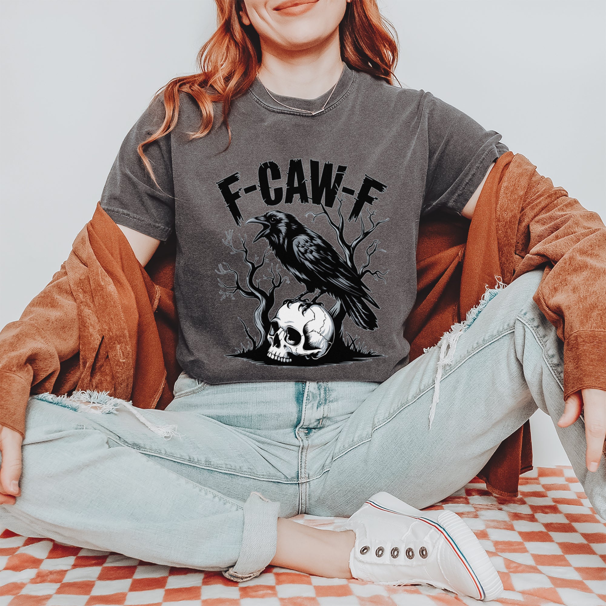 F-Caw-F Crow On Skull F-ck Off Gothic Vintage Soft Unisex T-shirt 