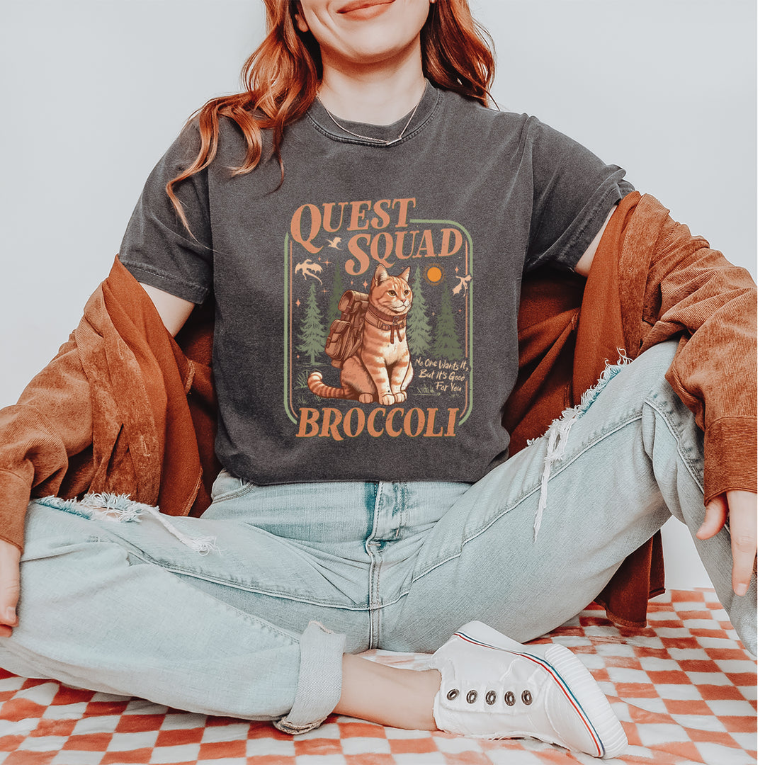 Quest Squad Broccoli Cat Fantasy Reader  Vintage Soft Unisex T-shirt 