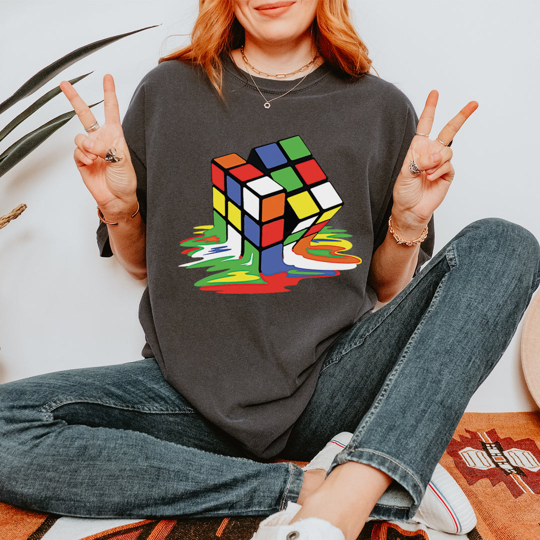Melting Multi-Colored Cube graphic on Garment-Dyed Heavyweight Unisex T-Shirt alternate view 4