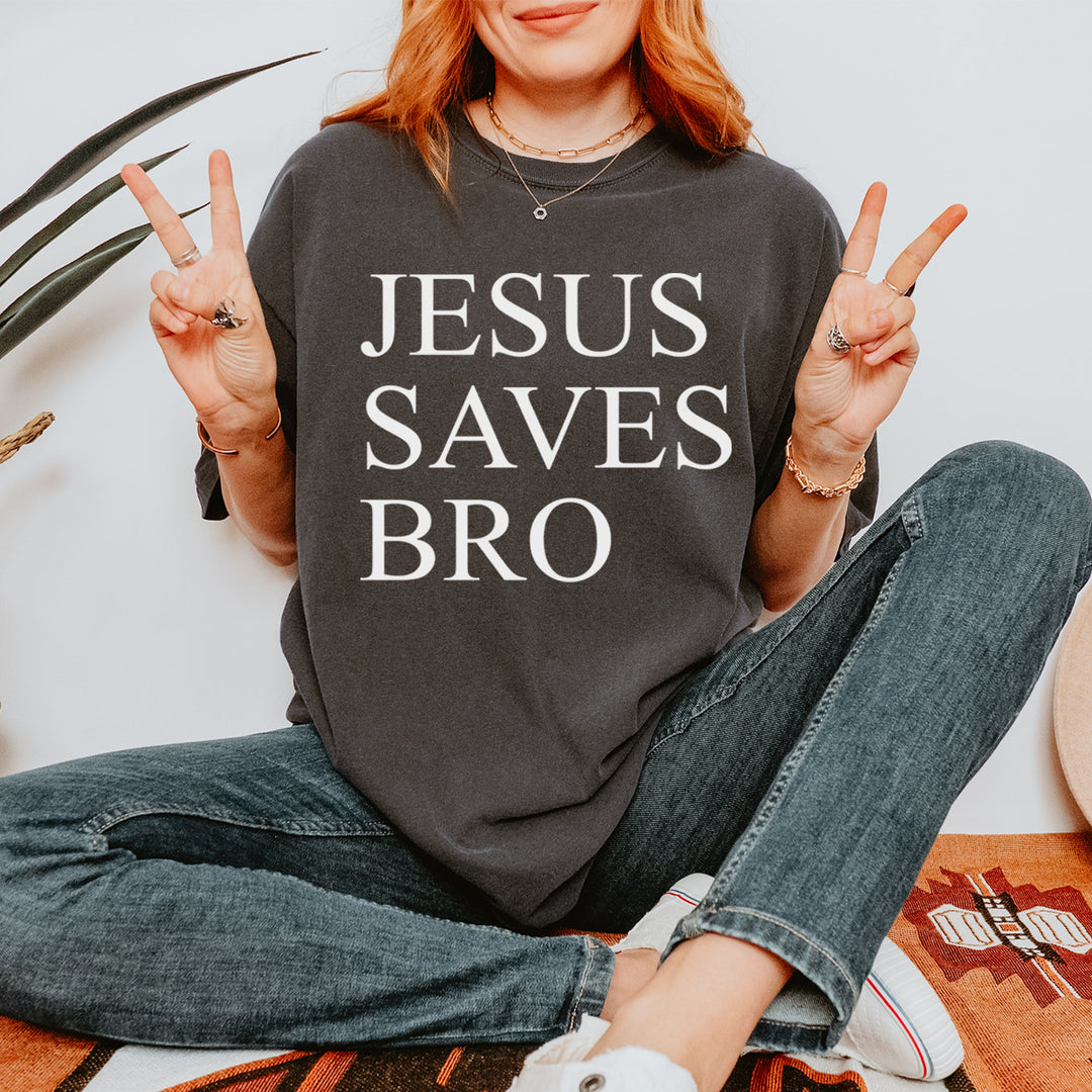 Jesus Saves Bro graphic on Garment-Dyed Heavyweight Unisex T-Shirt alternate view 2
